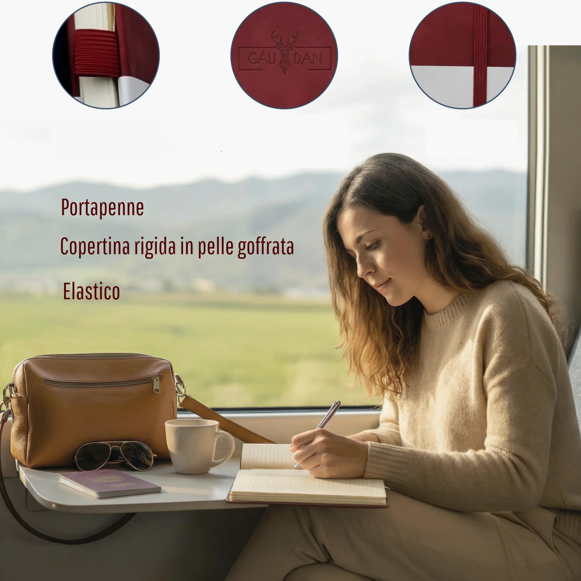 Confezione da 4 quaderni A5 con copertina in pelle PU goffrata | 200 pagine a righe - carta offset- tasca posteriore- porta penna- fascia elastica contenitore- segnalibro con ciondolo