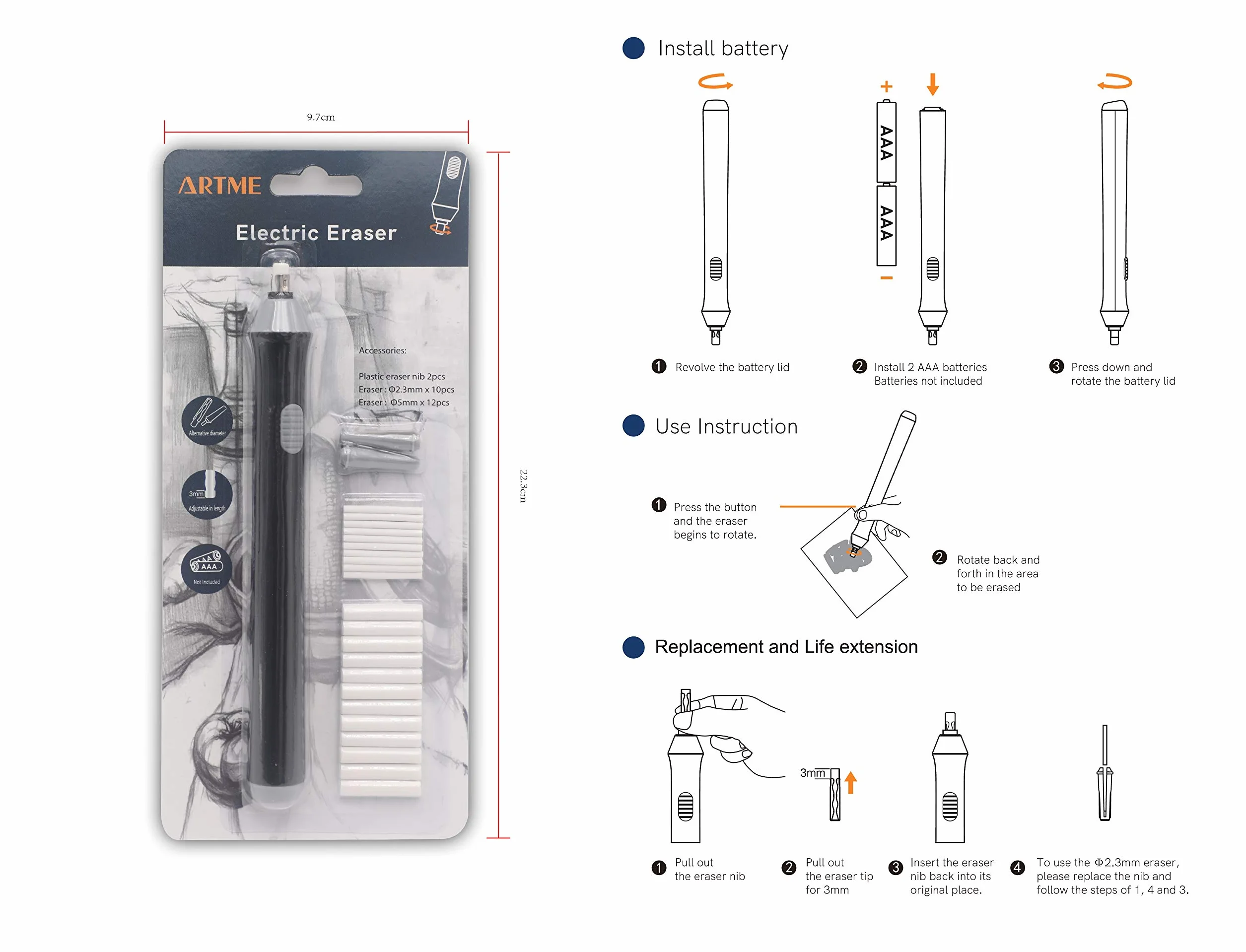 Artme Gomma per cancellare elettrica automatica 22 ricariche incluse 2,3 mm 5 mm Schizzi architetti ingegneri studenti