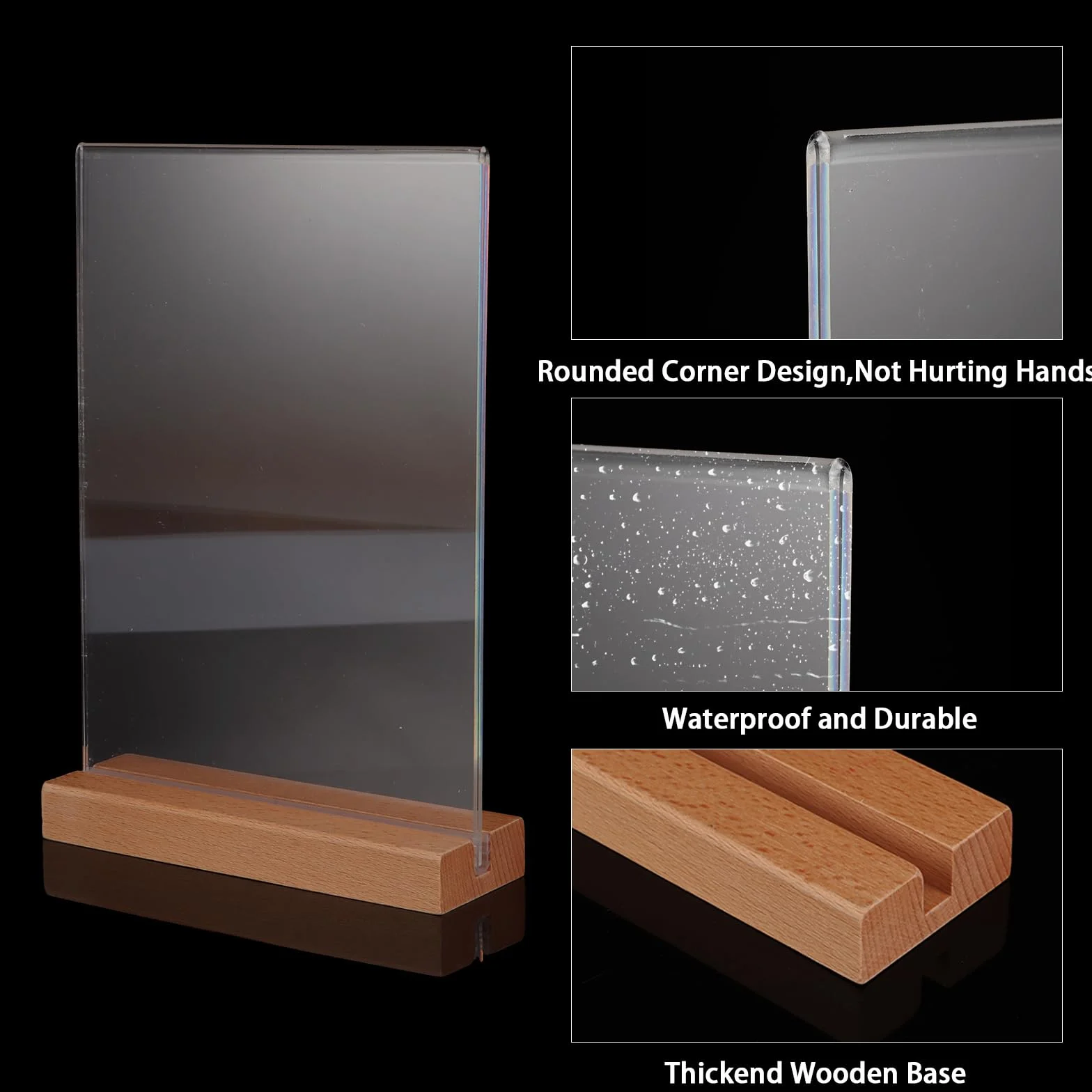 5 espositori da tavolo A5, in legno, formato A5, con base in legno, supporto da tavolo a forma di T, formato verticale, doppio lato, supporto in acrilico per ristoranti, ufficio, caffetteria
