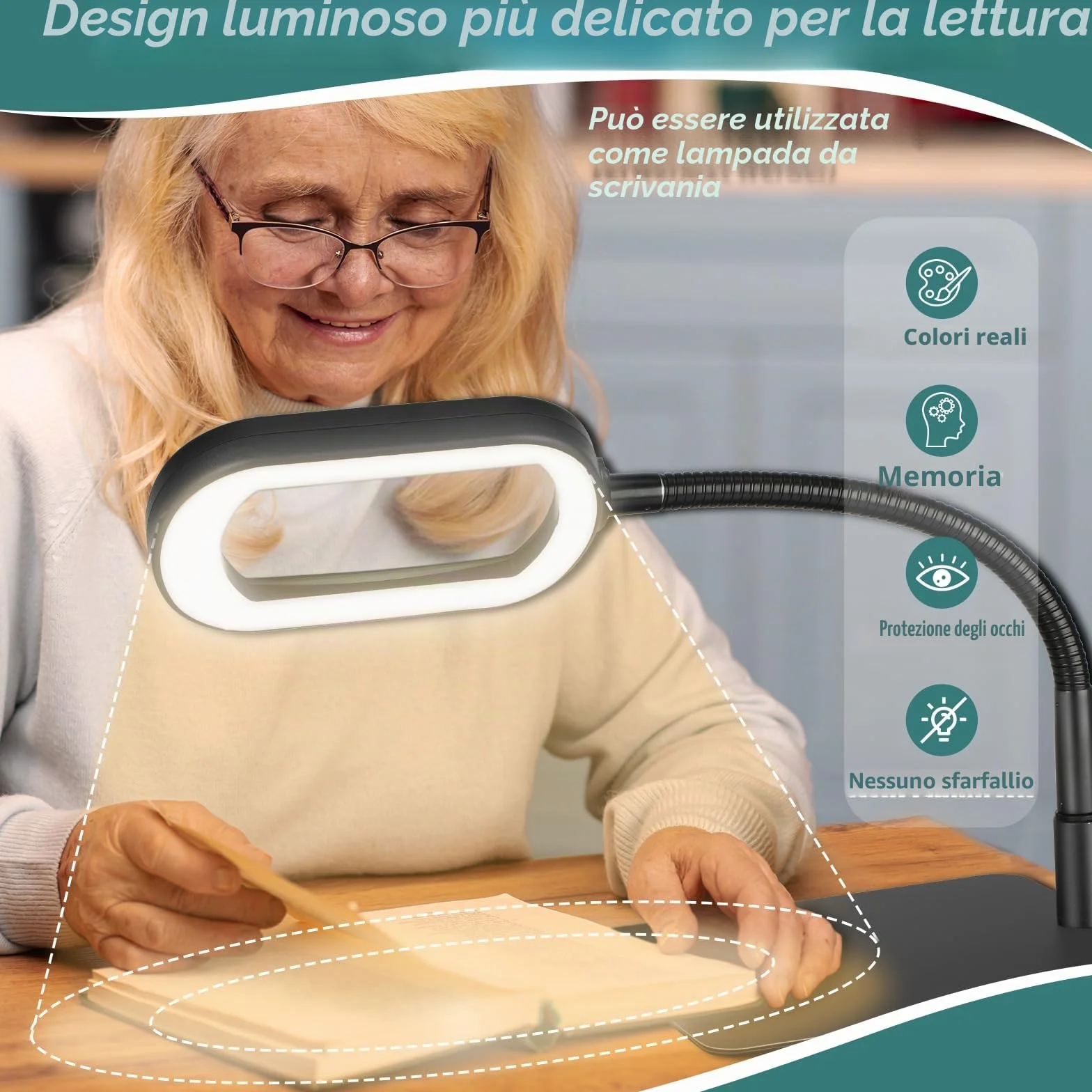 Drdefi 10X Rettangolare Lente di Ingrandimento con Luce LED, Lampada da Scrivania Flessibile con Collo di Cigno, 5 Modalità Colore