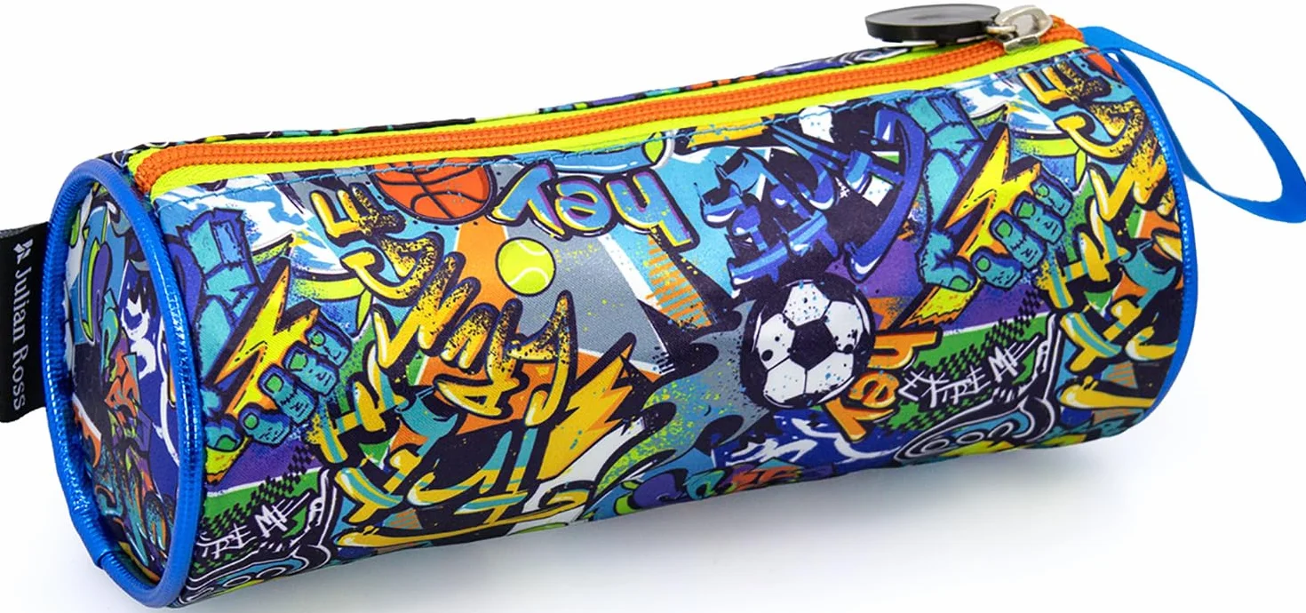 Julian Ross Astuccio Tombolino per Bambino Sport Portapenne Cilindro Scuola Azzurro 21x8 cm Chiusura Zip Poliestere