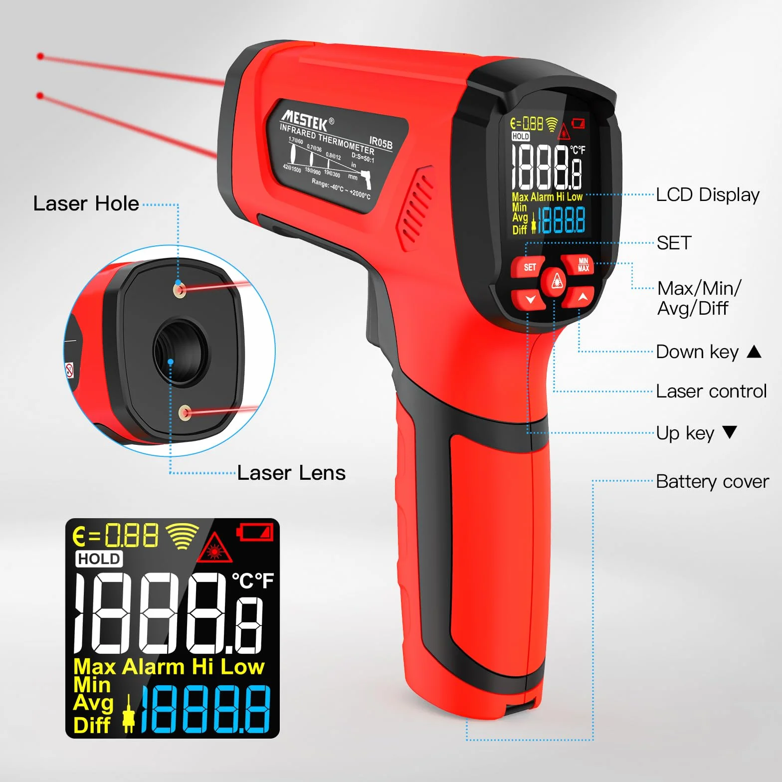 MESTEK Termometro a Infrarossi Digitale Laser -40°C~2000°C con K-Probe Senza Contatto LCD Emissività Regolabile Allarme