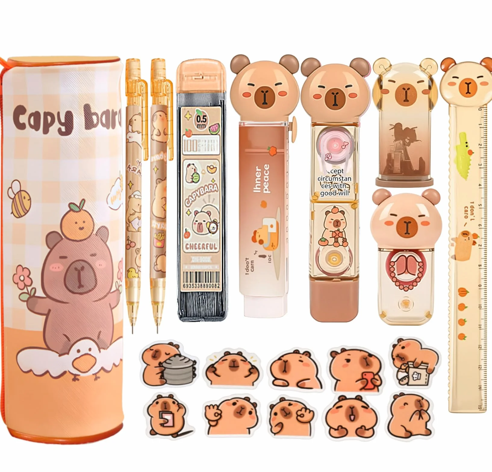 Set di articoli per la scuola, set regalo di cancelleria, cancelleria giapponese, regalo di compleanno, include temperamatite, gomma, nastro correttivo, righello, adesivi Capybara, per forniture