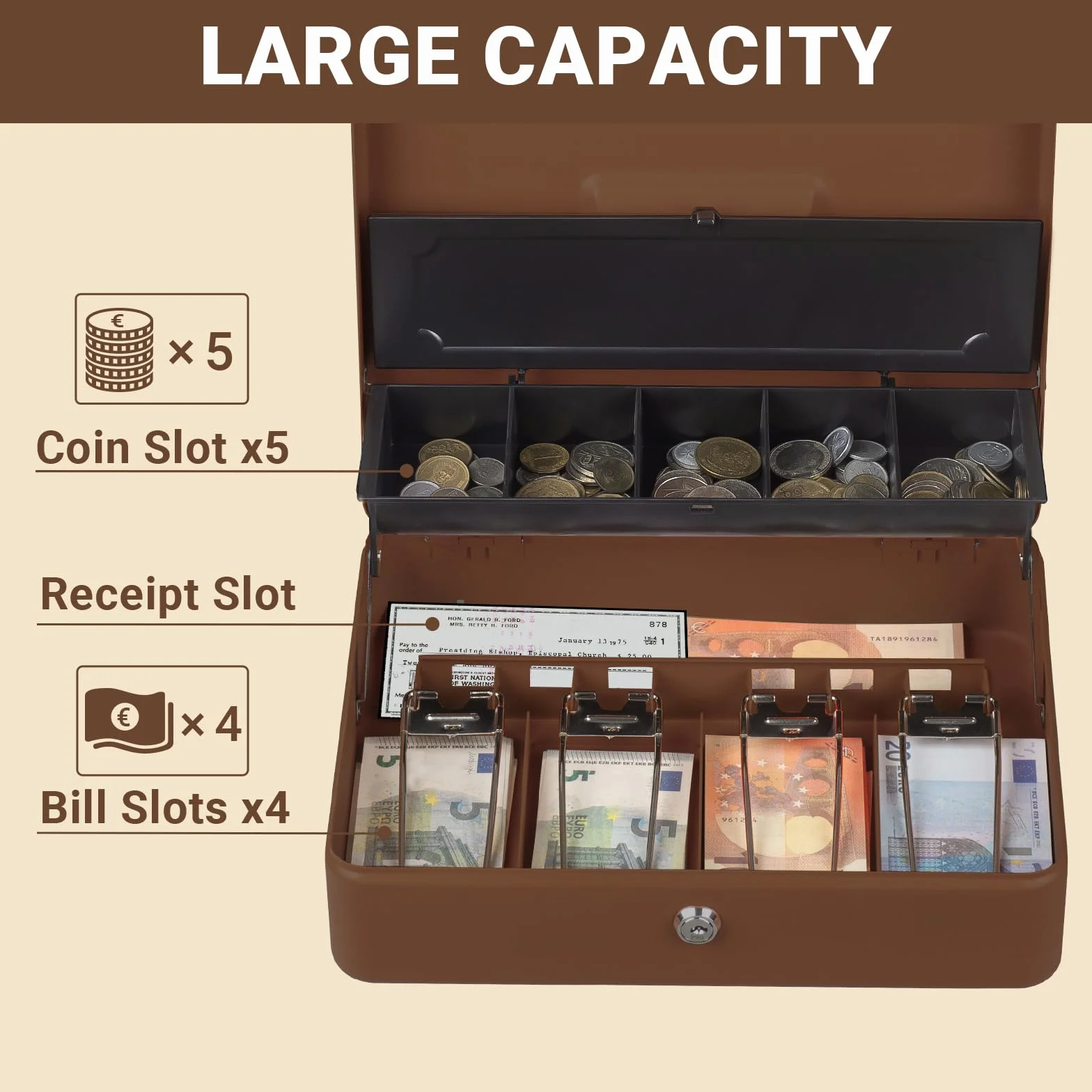 Tera Cassetto di cassa Registratore di monete e banconote Apertura manuale e automatica, 4 scomparti per banconote e 5 pezzi, 30 x 24 cm, POS Restaurant Supermercato, KL380-CF