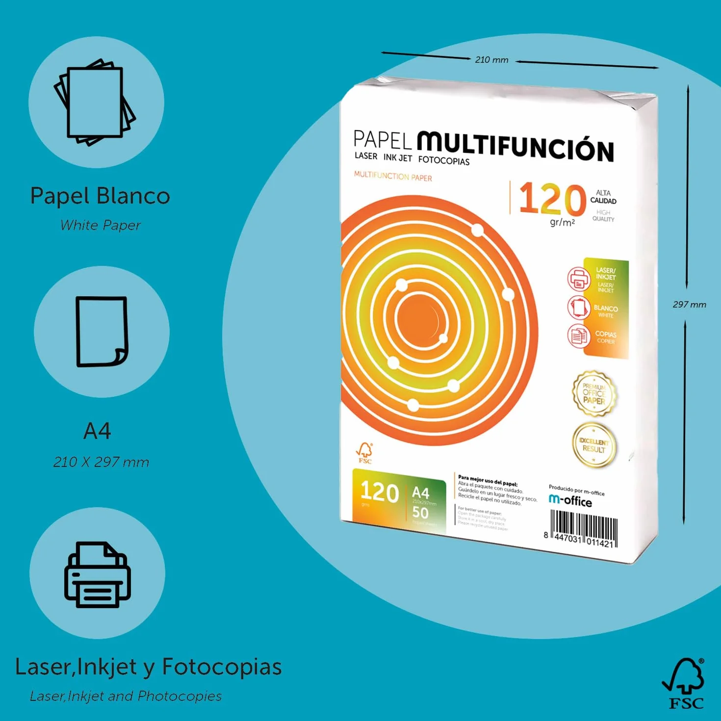 Carta Multiuso A4 120g 400 fogli per Stampanti Laser e Getto d'Inchiostro m-office
