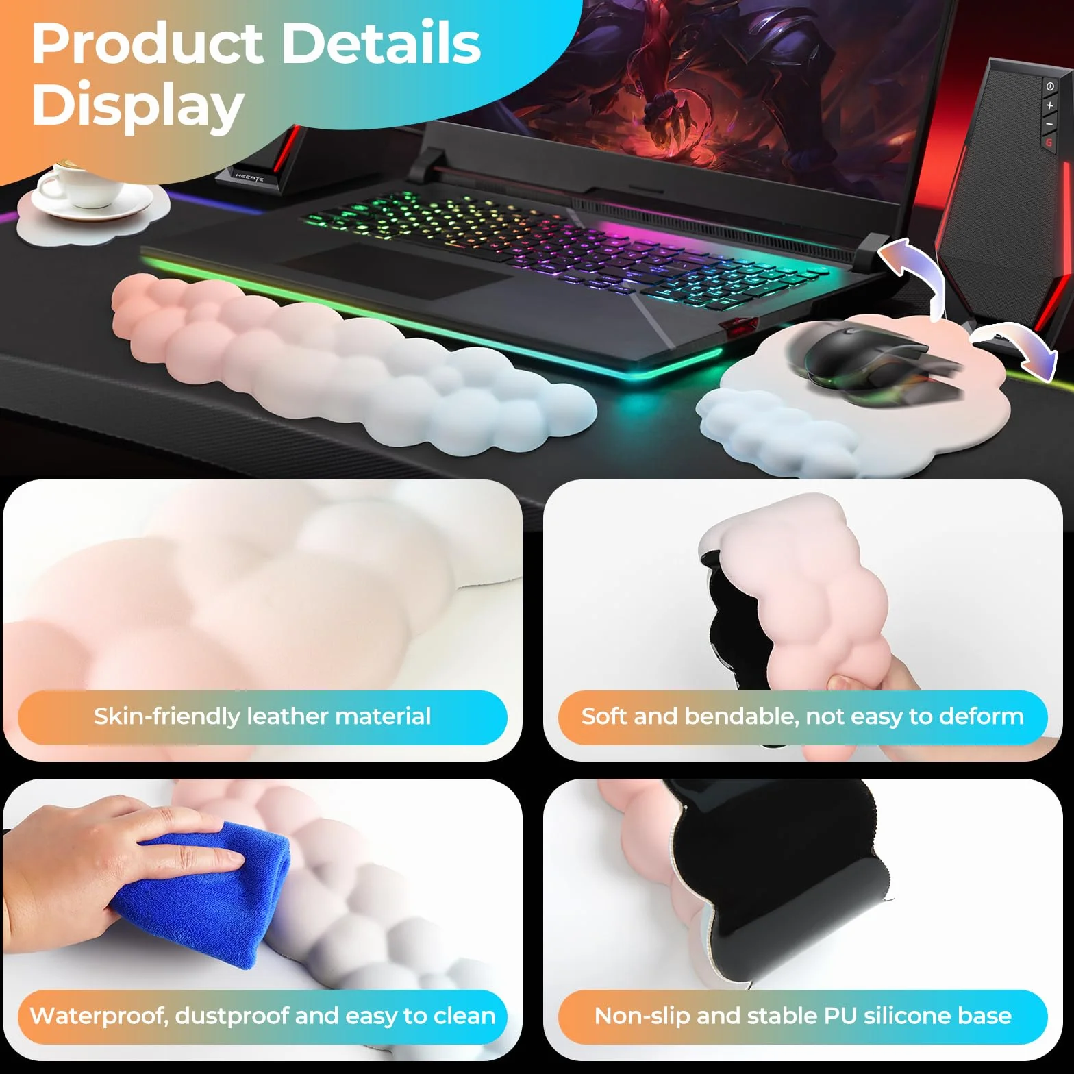 Poggiapolsi Tastiera e Mouse Memory Foam Ergonomico Antiscivolo Bianco