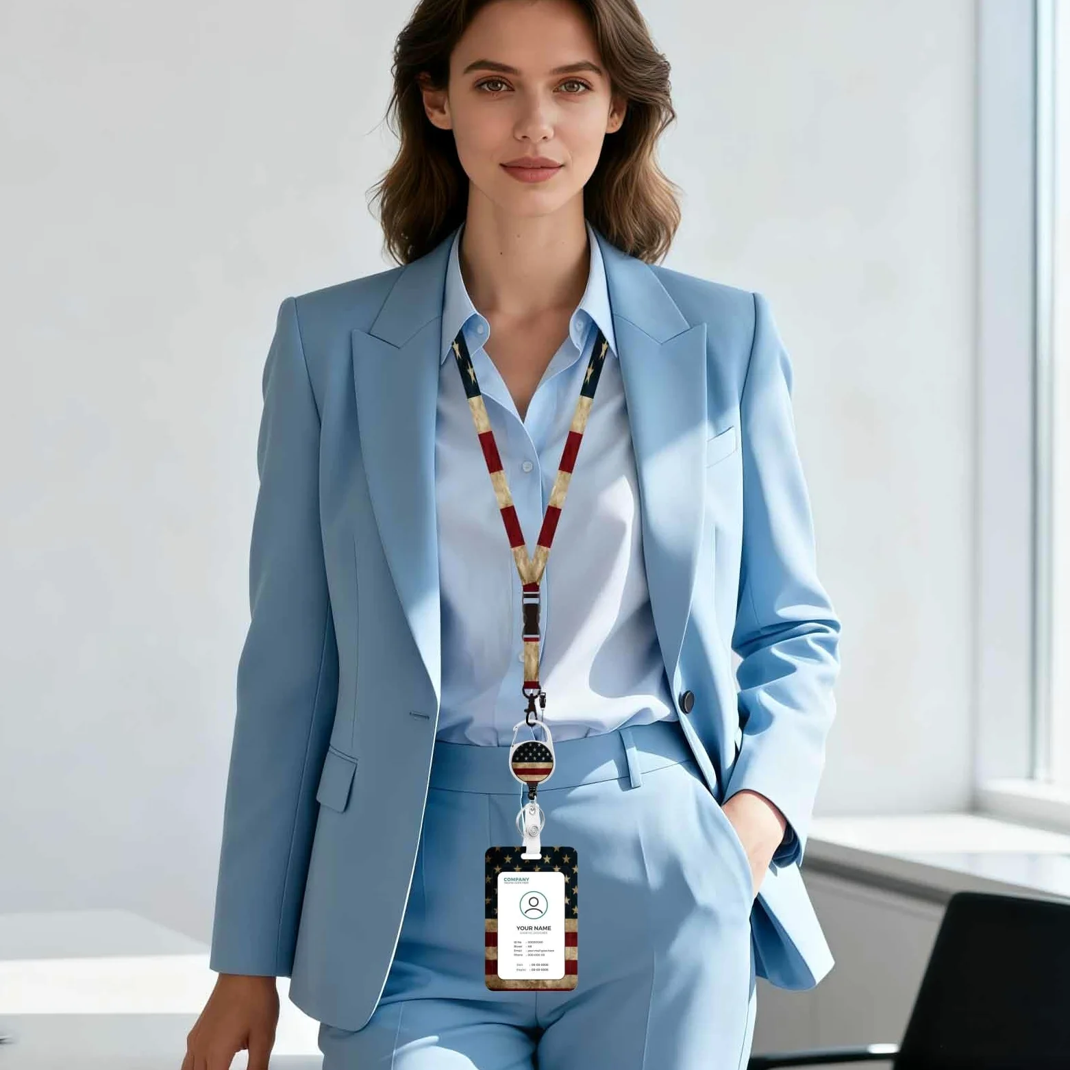Porta badge con cordino, clip retrattile per badge e cordino staccabile, clip verticali per documenti, per uomo, donna, insegnanti, studenti, impiegati, infermieri, bandiera antica