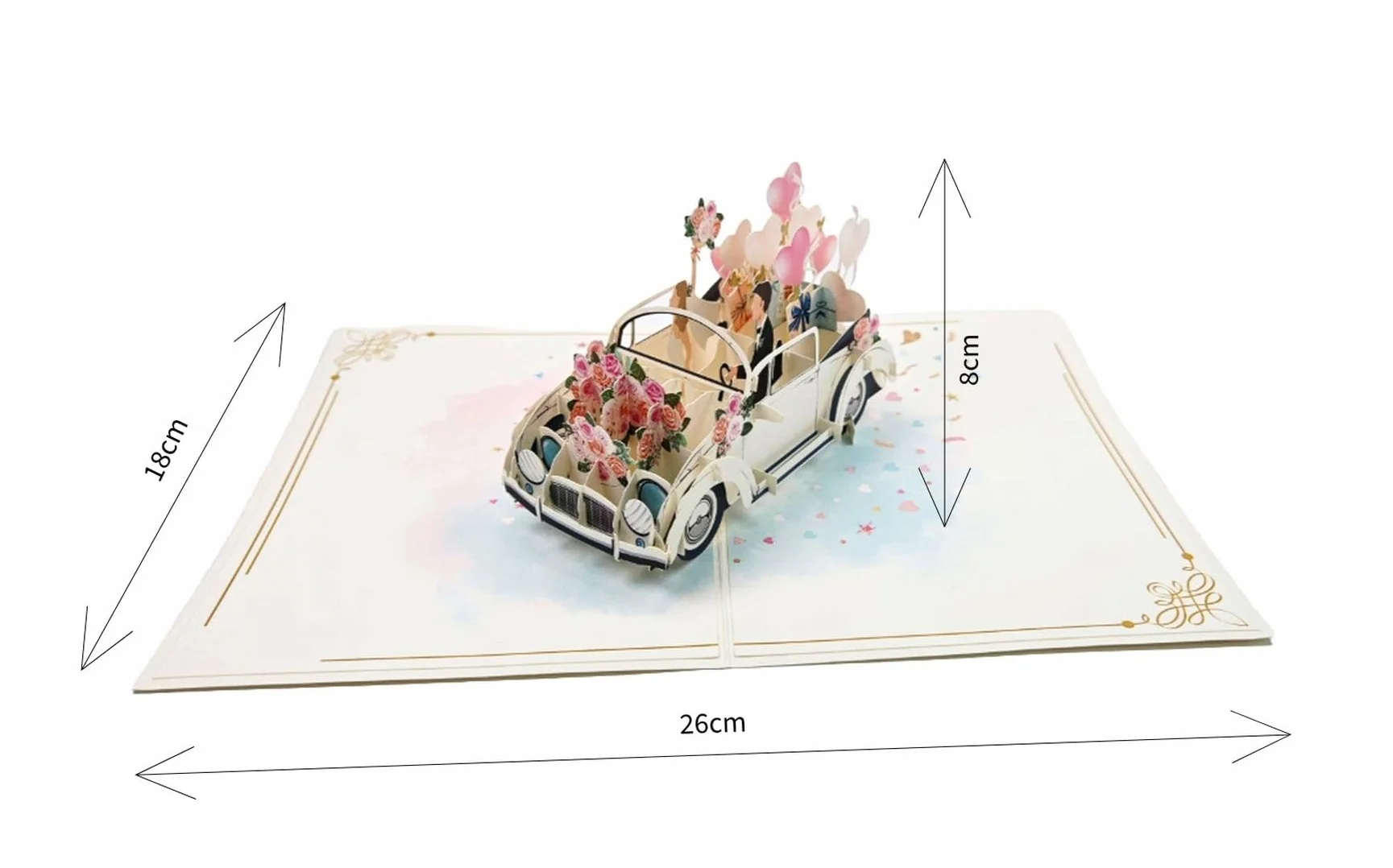 Biglietto di auguri pop-up 3D per matrimonio – Auto con sposi e palloncini – 13 x 18 cm con busta