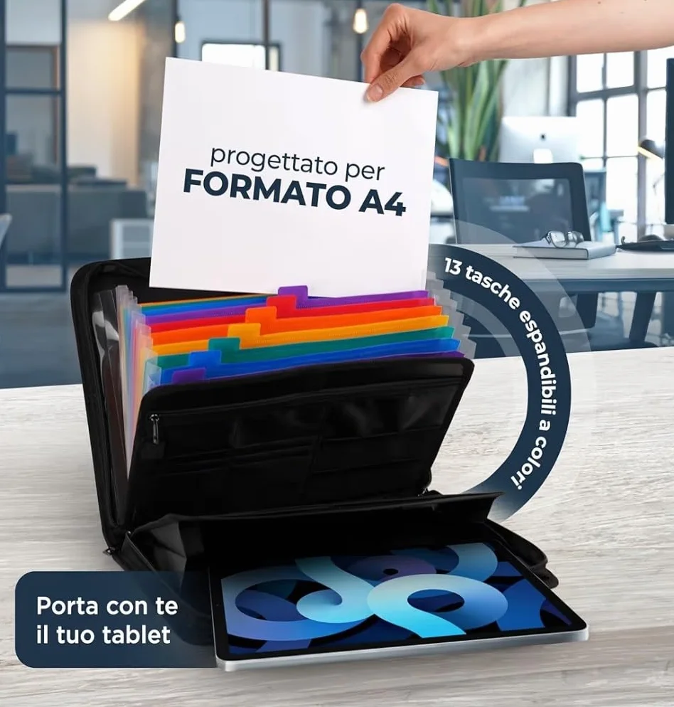 Cartella Portadocumenti in Eco Pelle Nera Porta Documenti A4 12 Slot Carte Organizer Ufficio Viaggio 36x26x5 cm