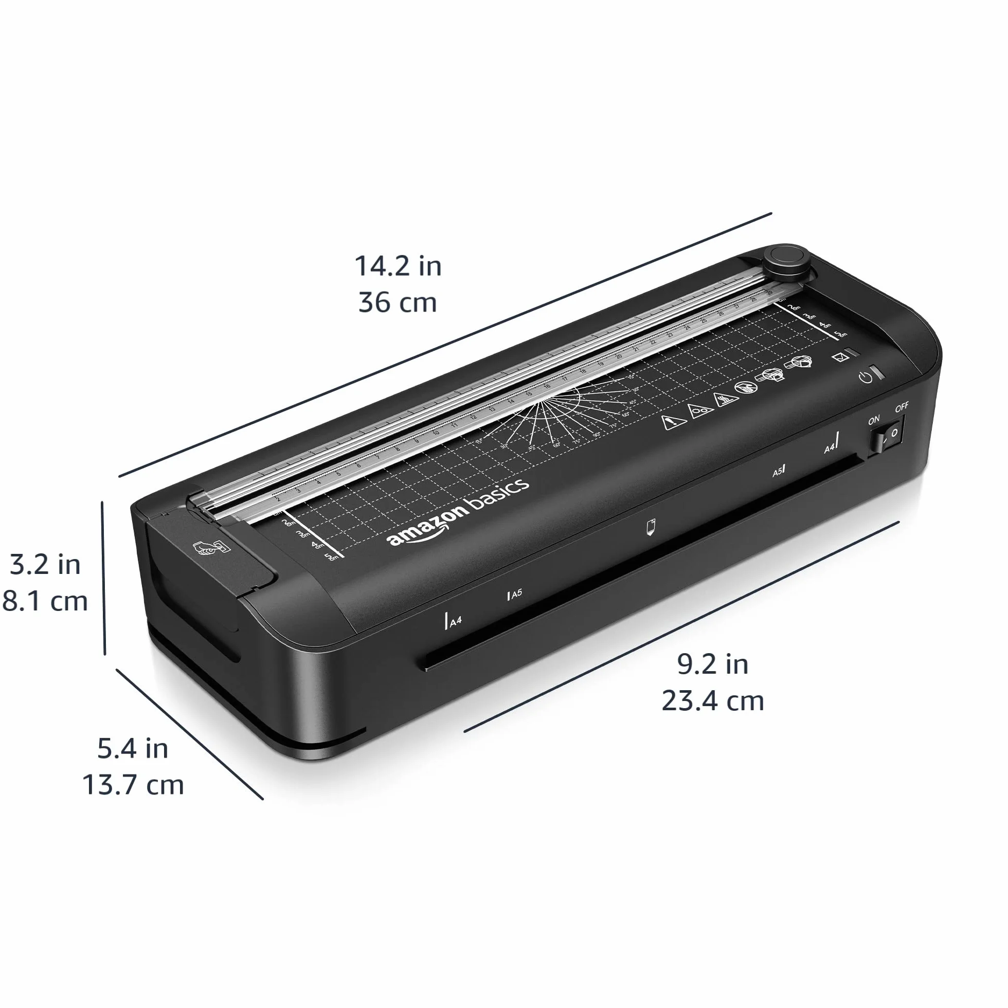 Amazon Basics Plastificatrice termica 3 in 1, formato A4, con funzioni di rifinitura, perforazione e smussamento degli angoli, con 10 pouches incluse, spina del EU, Nero