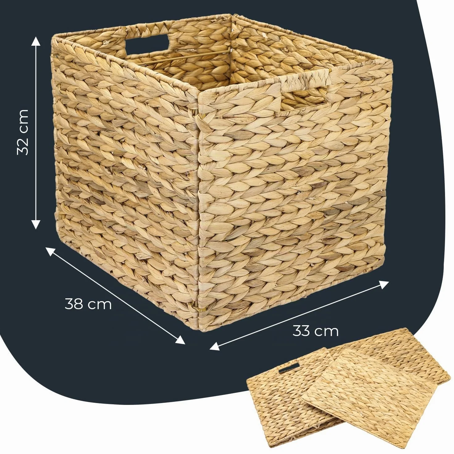 HMF Cesto portaoggetti per cartelle sospese DIN A4 compatibile con scaffale KALLAX, cesto intrecciato in giacinto d’acqua con maniglie | 33 x 38 x 32 cm | naturale