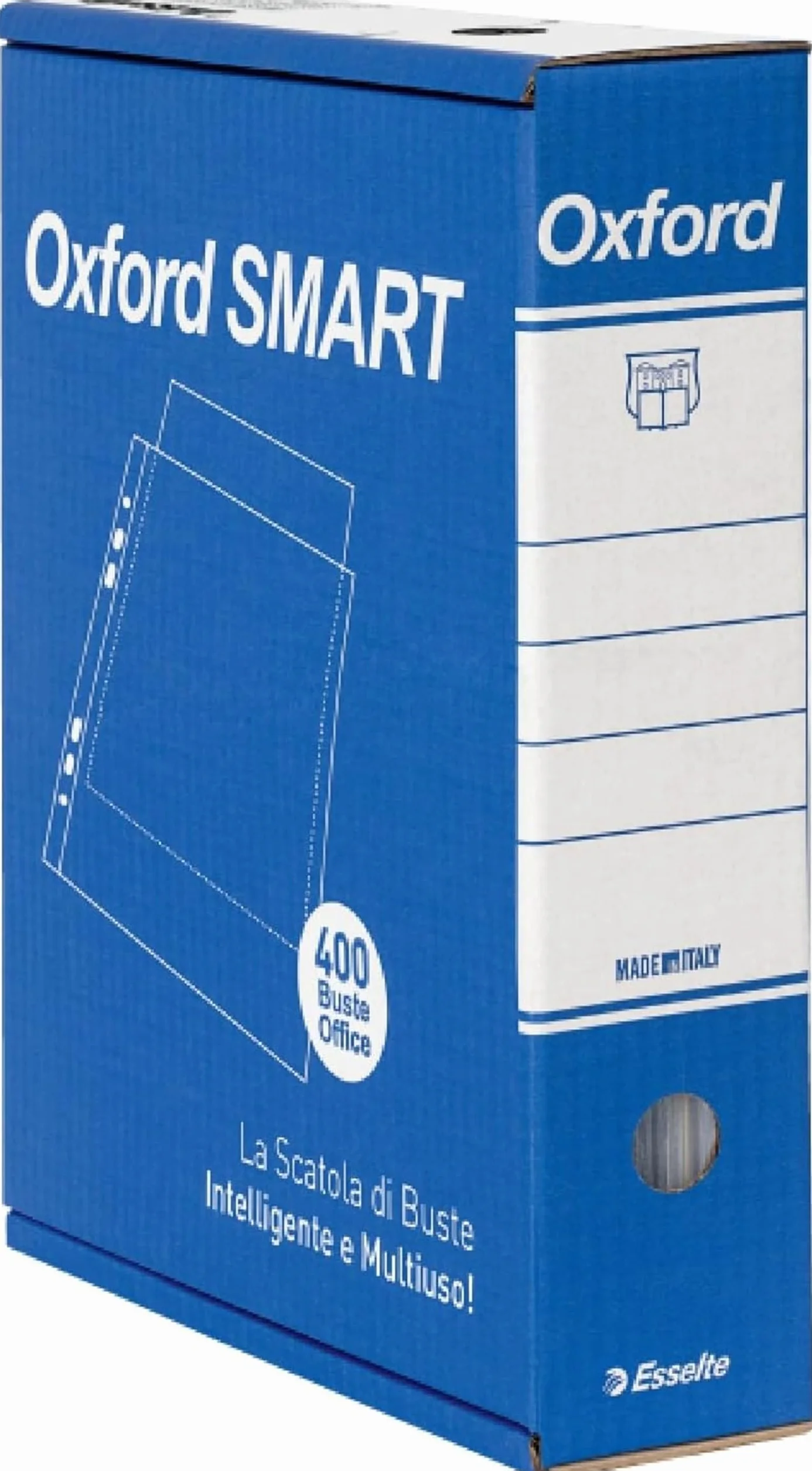 Esselte OXFORD SMART Buste per raccoglitori a perforazione universale A4, 400 pezzi, PP Lucido, con Scatola Multiuso