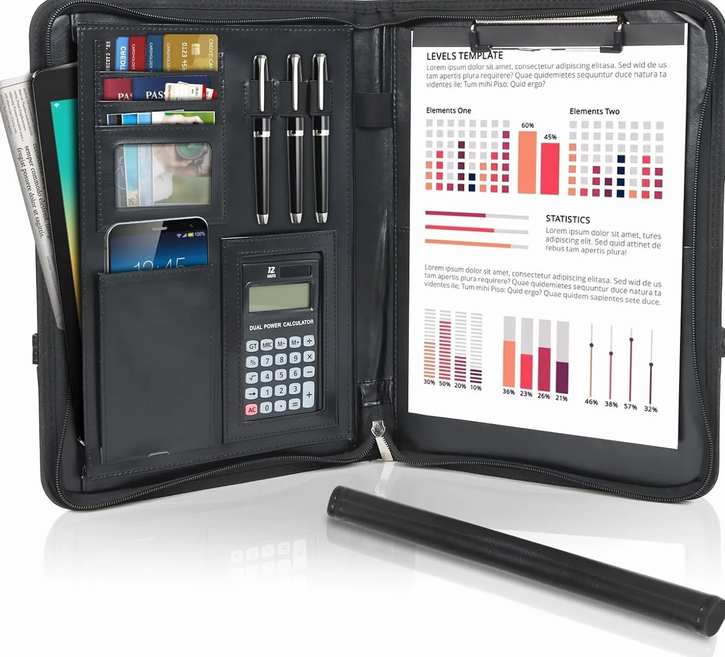 Cartella Portadocumenti A4 in Pelle con Calcolatrice e Cerniera, Portablocchi Organizer – Nero