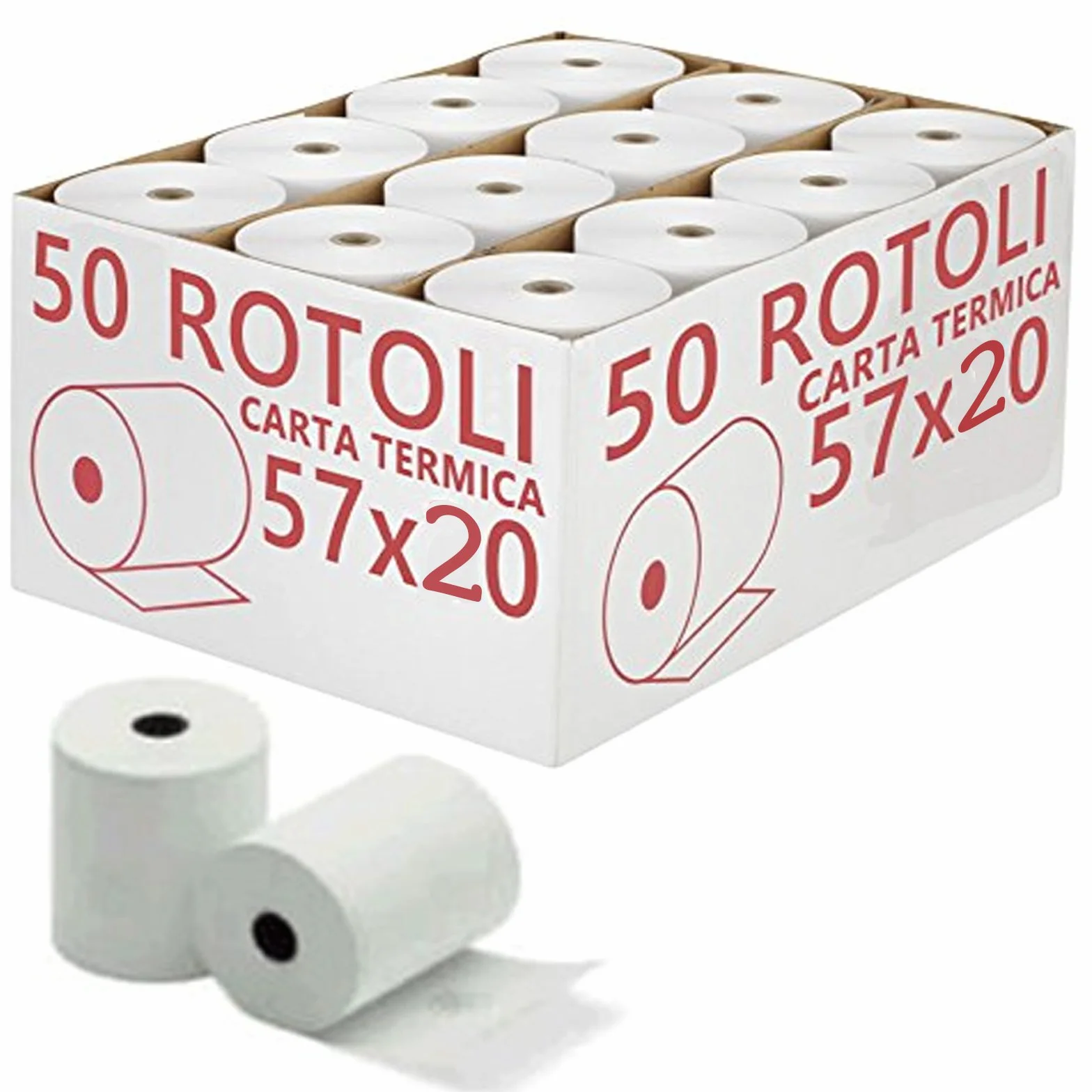 50 ROTOLI CARTA TERMICA 57 x 20 x 12 POS REGISTRATORE DI CASSA