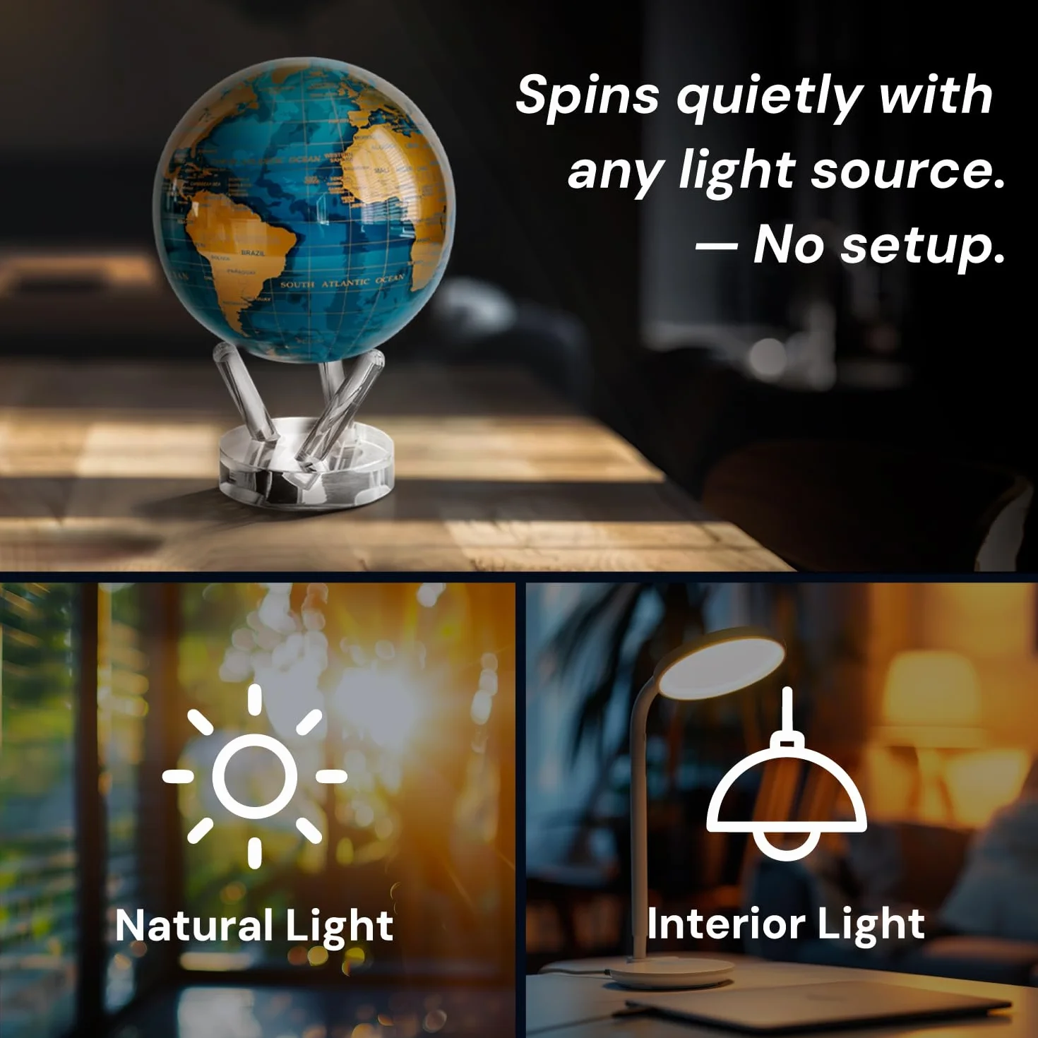MOVA Globes Blu Ceruleo e Oro Signature (6") | Mappamondo Auto-Rotante a Energia Luminosa |Silenzioso, Senza Batterie né Fili |Decorazione da Scrivania o Idea Regalo Globo Spazio