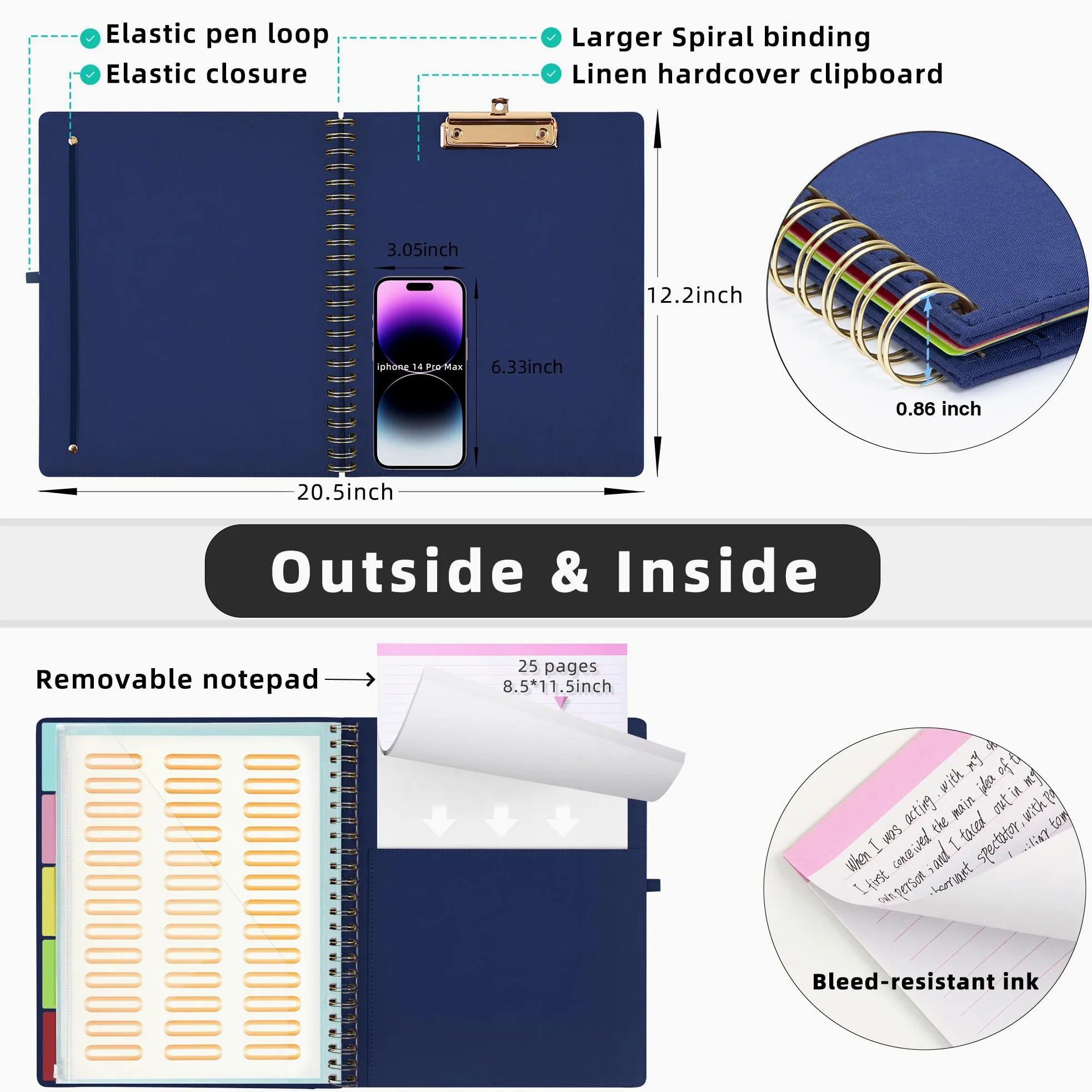 Ospelelf Bule, portablocco pieghevole a spirale, con tasca con cerniera, 5 cartelle in plastica con 10 tasche, blocco note foderato ricaricabile (27,9 x 21,6 cm), organizer per progetti con copertina