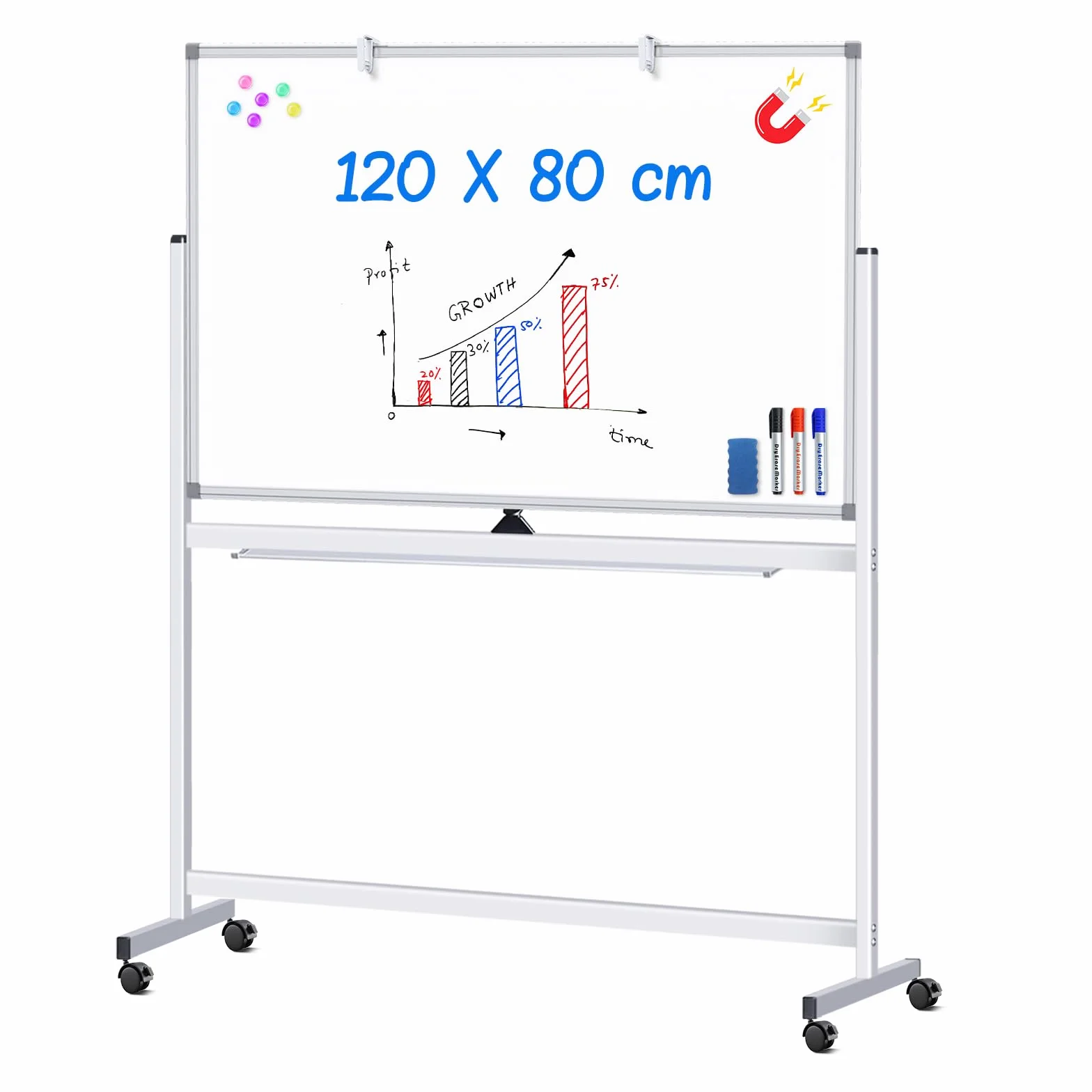 Lavagna Bianca Mobile con Supporto 120 x 80 cm, Lavagna Cancellabile Superficie Magnetica su Entrambi i Lati, con Telaio in Alluminio, Accessori per Aule, Home Office
