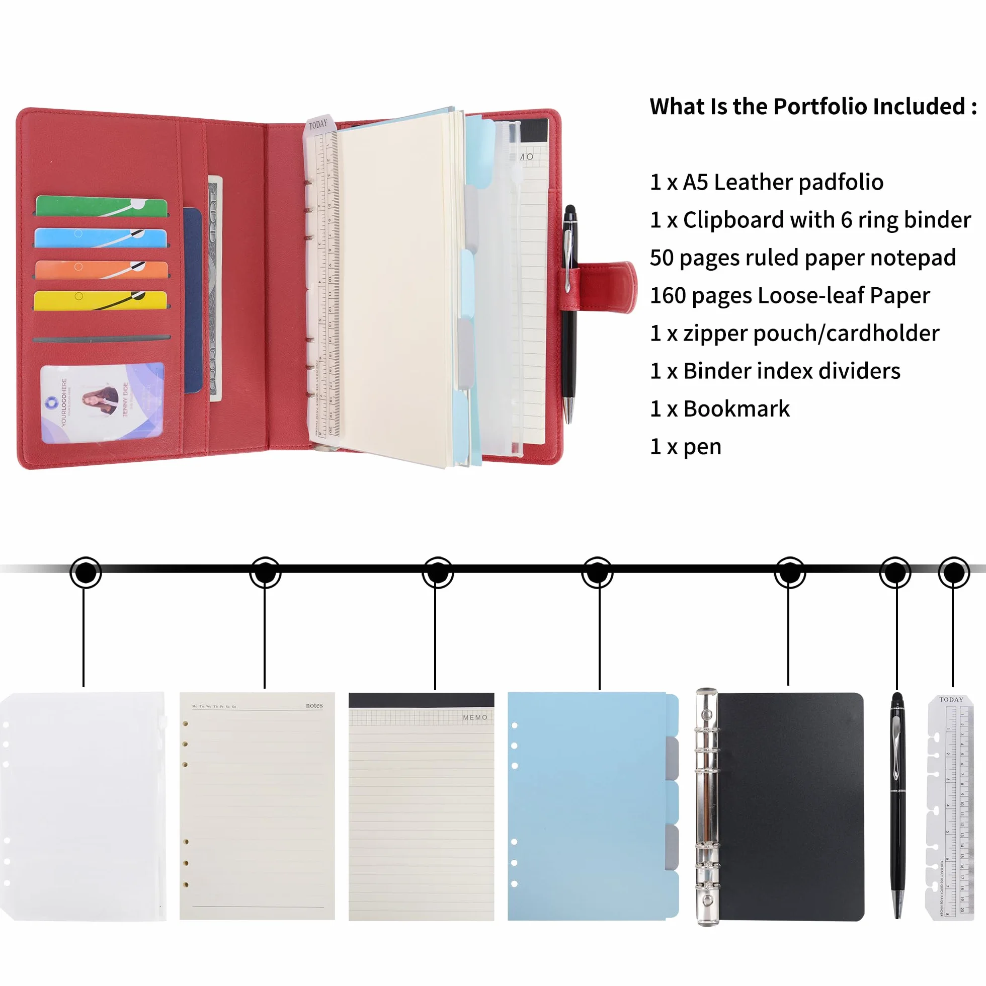 WASON A5 Diario in Pelle PU con Carta Ricaricabile, Portfolio ad Anelli Rimovibile con Clipboard, Rosso