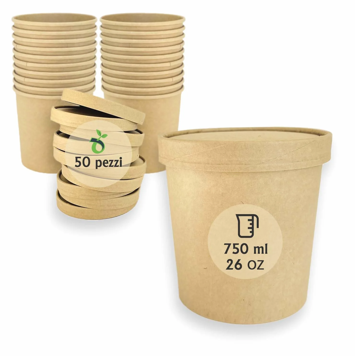 Ciotole in Carta Kraft 750 ml con Coperchio - Confezione da 50 Pezzi - Contenitori Monouso Biodegradabili per Zuppe e Alimenti da Asporto