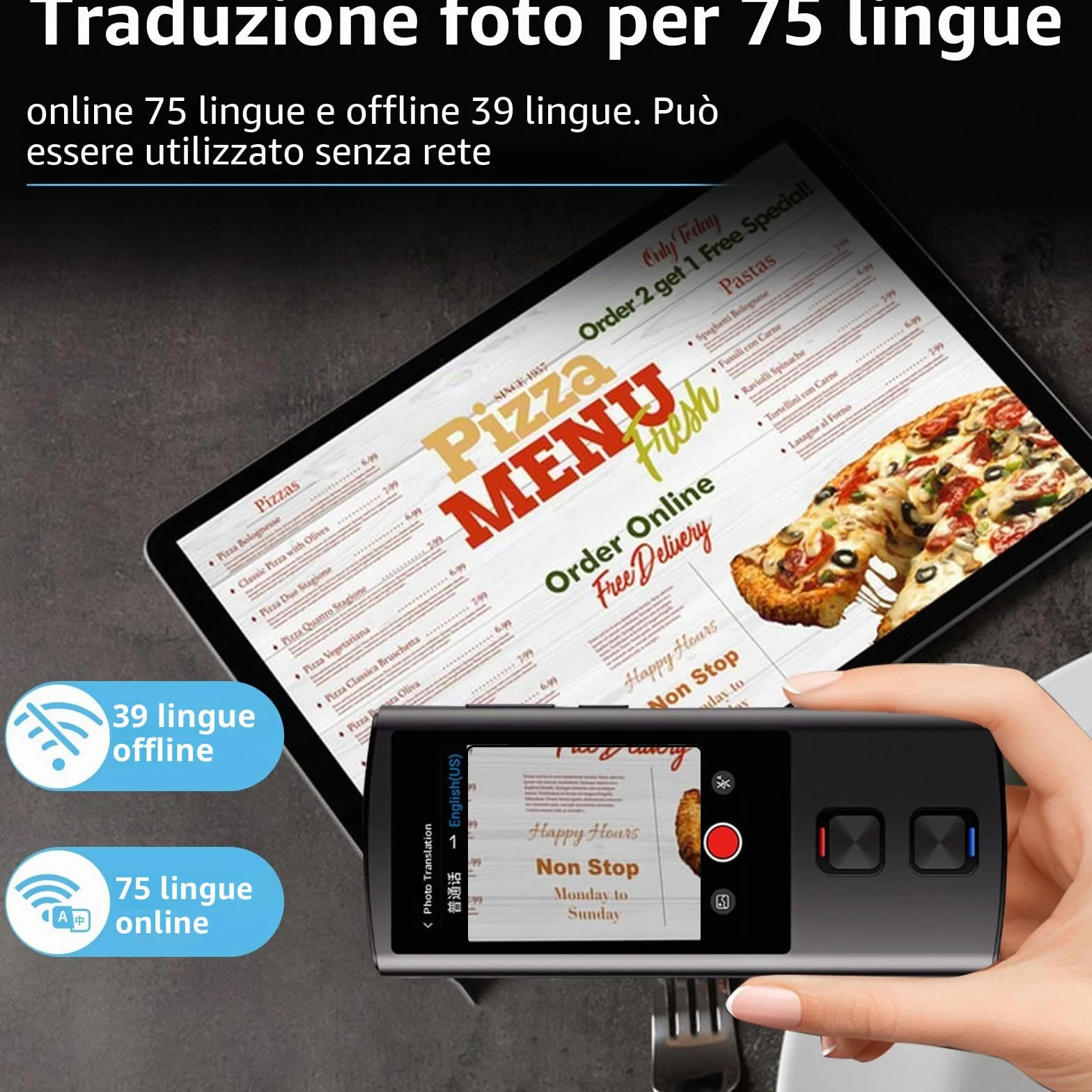Dispositivo traduttore linguistico, traduttore vocale AI bidirezionale per traduzione vocale/testo/offline/foto, 138 lingue online con touchscreen da 3 pollici per viaggi di apprendimento
