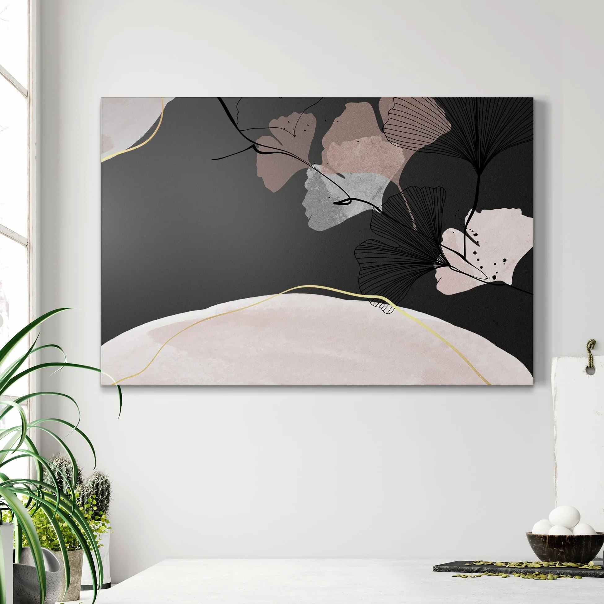 DEQORI Lavagna magnetica con stampa UV | motivo "striscione gingko decorativo" | Design rettangolare 90 x 60 cm | Lavagna in metallo a gesso scrivibile – Decorazione da parete per cucina, corridoio