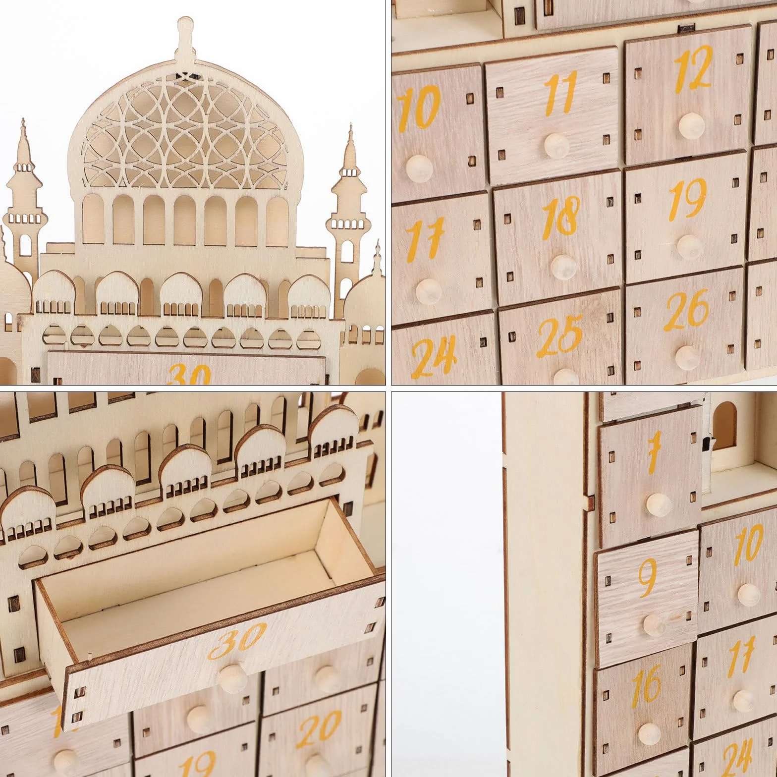 TEHAUX Calendario Design Compatto e Freestanding Conto alla Rovescia Ramadan in Legno con Cassetti e FESTIVITÀ Eid Decorazione da Tavolo per Famiglie Musulmane