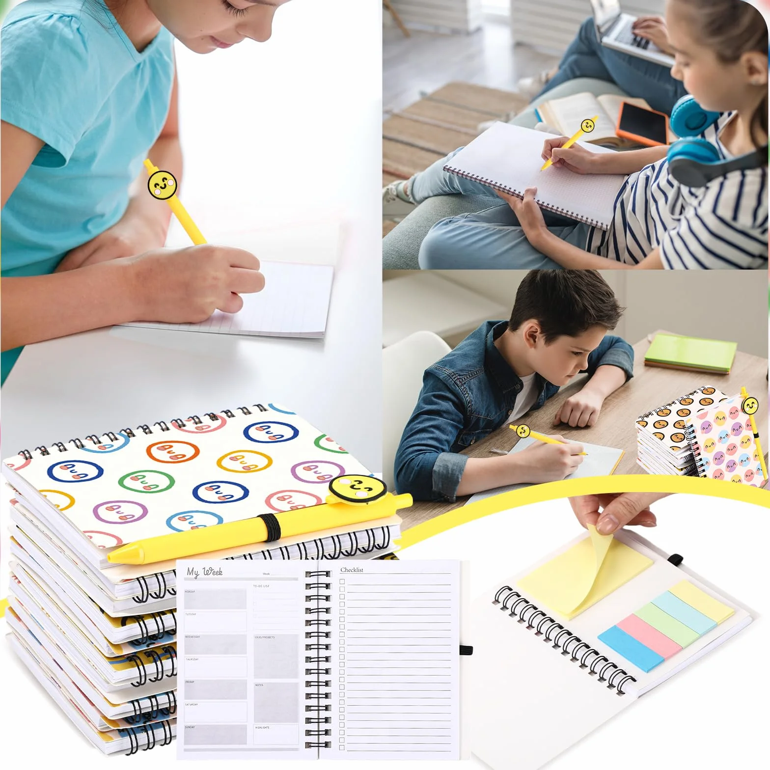 Sayglossy 72 quaderni con supporto emotivo sorridente con note adesive, penne a sfera Happy Face, regalo per il primo giorno di scuola, per studenti, insegnanti, colleghi (agenda settimanale)