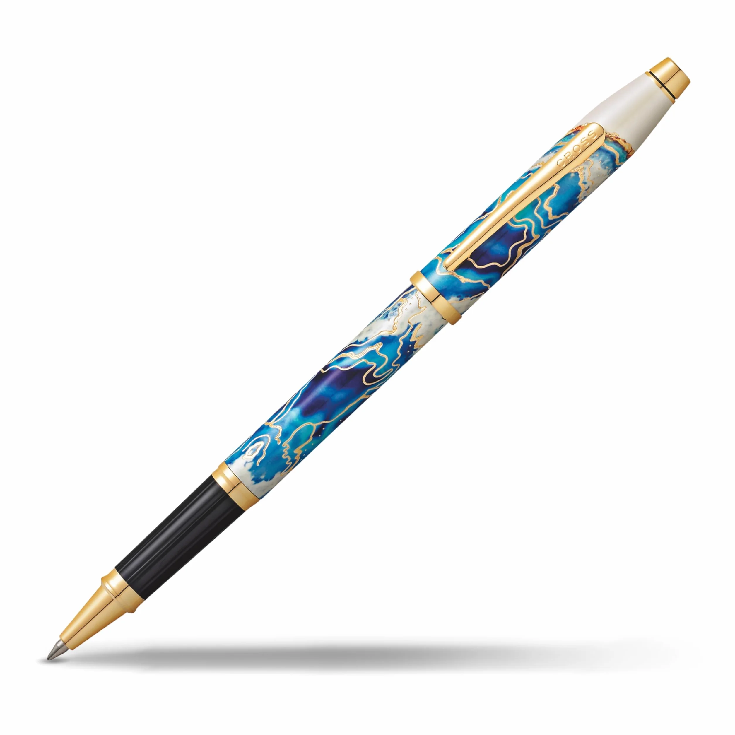 CROSS Wanderlust - Penna roller ricaricabile con tappo a scatto, in metallo, con appuntamenti placcati oro 23 carati, punta a sfera media, include confezione regalo premium e cartuccia nera, 1