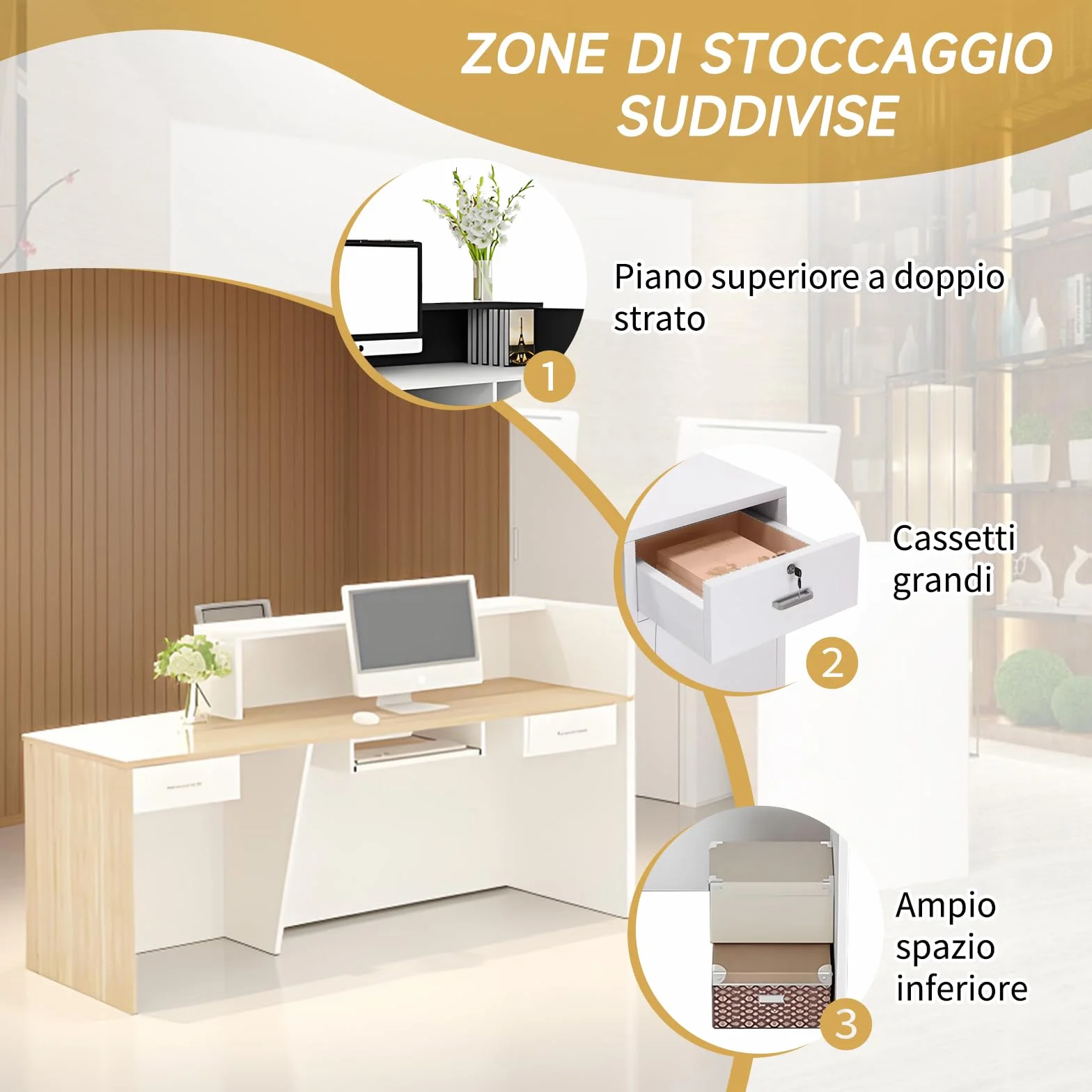 Bancone Reception Moderno con Spazio di Archiviazione, Scrivania Reception da 100–240 cm con Cassetto e Ripiani, Ideale per Uffici, Saloni, Hall e Negozi