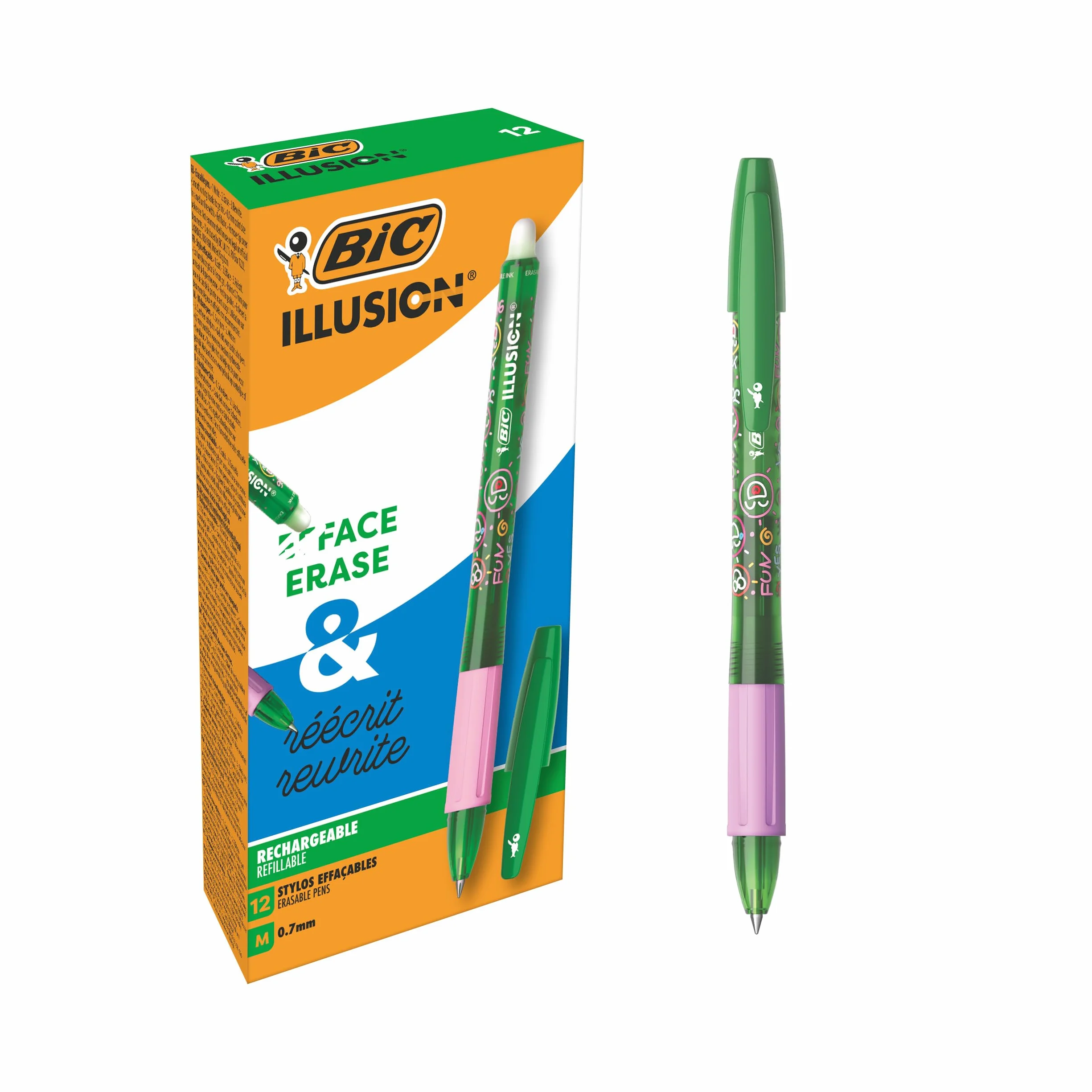 BIC Illusion Penne cancellabili e ricaricabili a punta media, 0,7 mm, inchiostro verde, confezione da 12