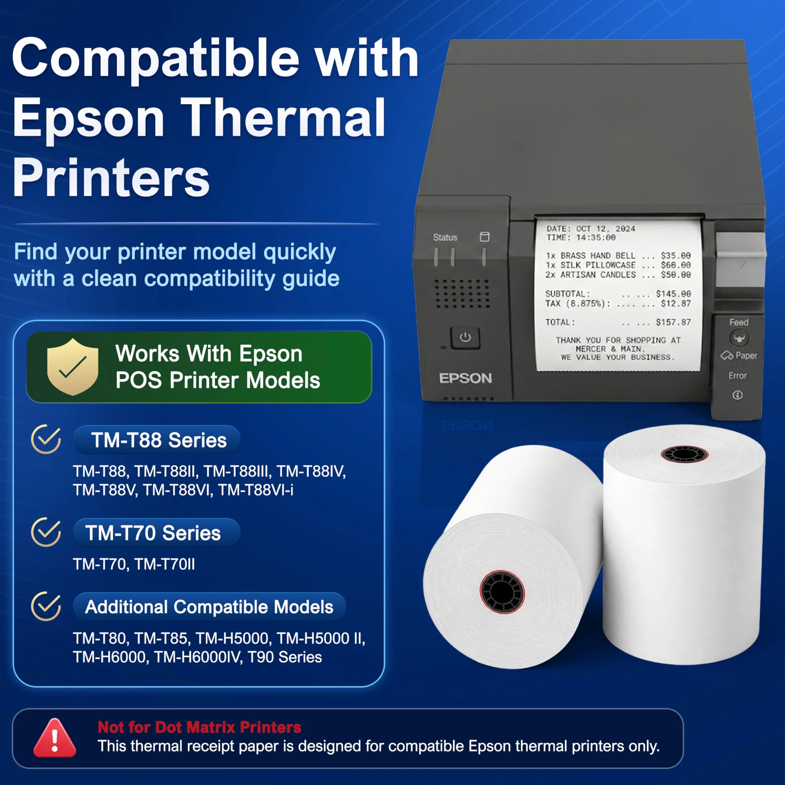 Rotoli termici POS per stampanti Epson, senza BPA, compatibili con TM-T88, TM-T70, TM-T80, TM-T85, TM-H6000, T90, per macchine per carte di credito e stampanti POS, confezione da 12