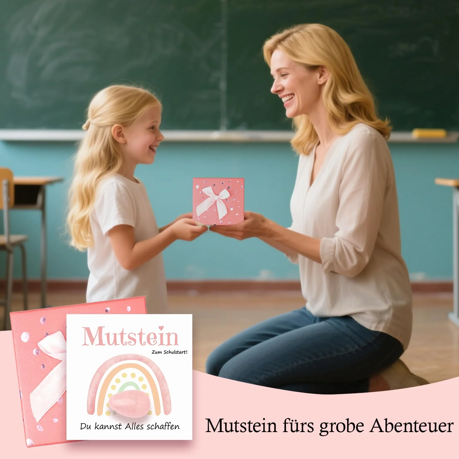 Mutstein Pietre portafortuna regalo inizio scuola 2026 con biglietto auguri confezione regalo rosa