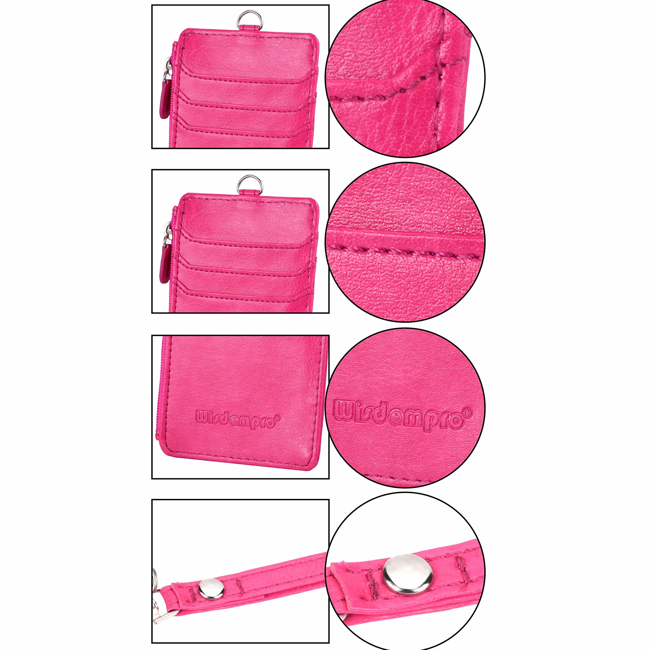 Wisdompro Porta Badge da Collo con Cerniera, 50 cm Portachiavi, 4 Slot, Finestra Trasparente, Rosa Caldo