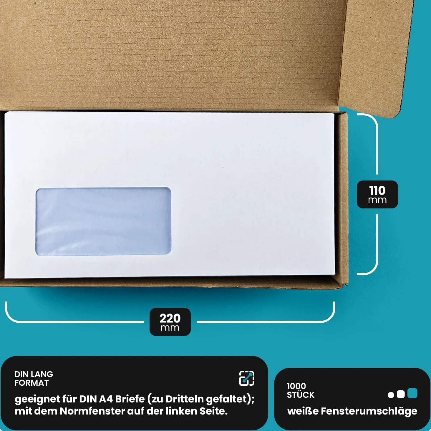 Netuno 1000 buste da lettera bianco con finestra a sinistra DL 110 x 220 mm buste commerciali lunghe americane taglio dritto con strip adesivo con stampa interna carta premium buste business bianche