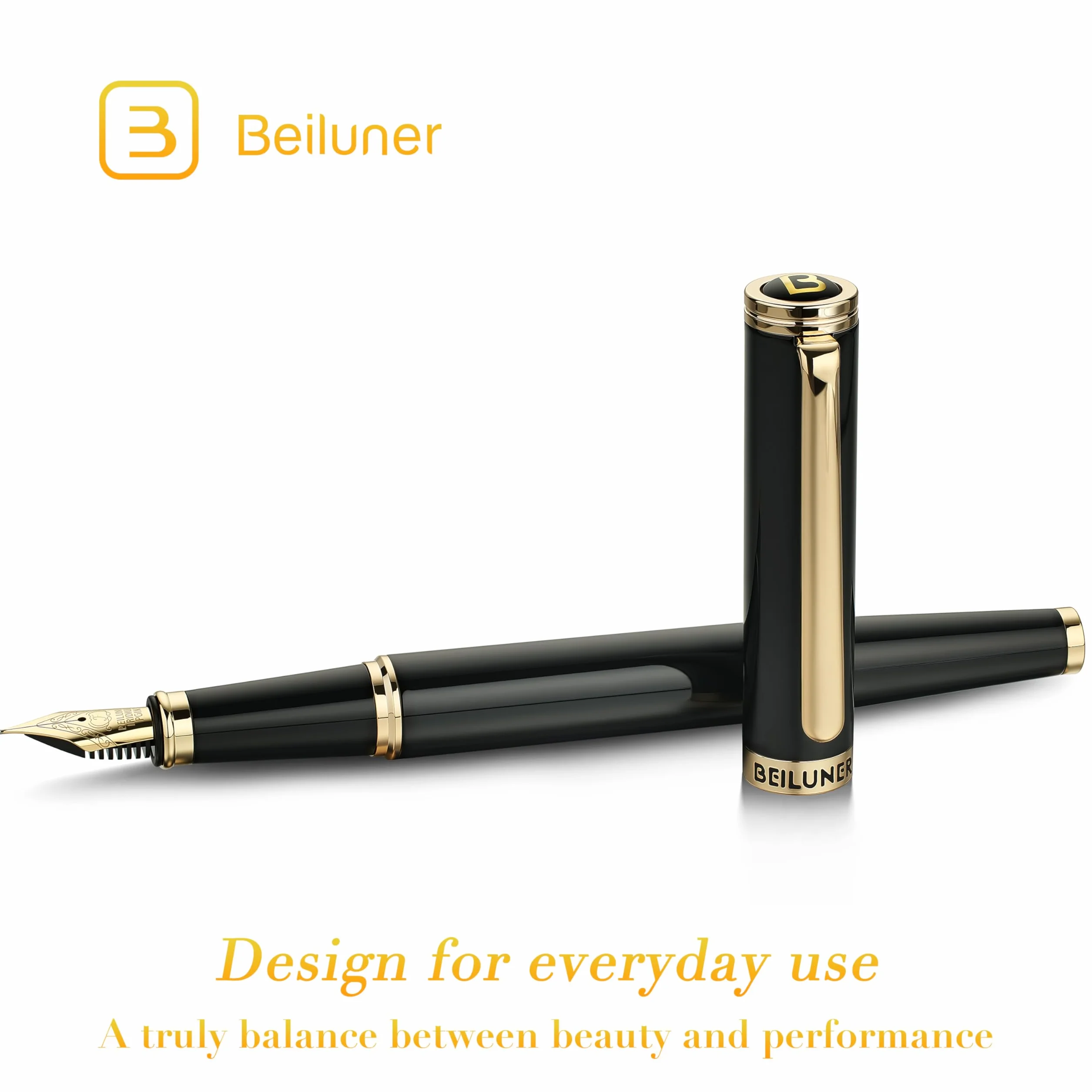 BEILUNER Penna Stilografica di Lusso, Finitura Laccata con Fregi e Pennino Dorati 24K, Regalo Affidabile con Convertitore per Lui e Lei, Penna Elegante - Nero & Oro, Pennino Fine