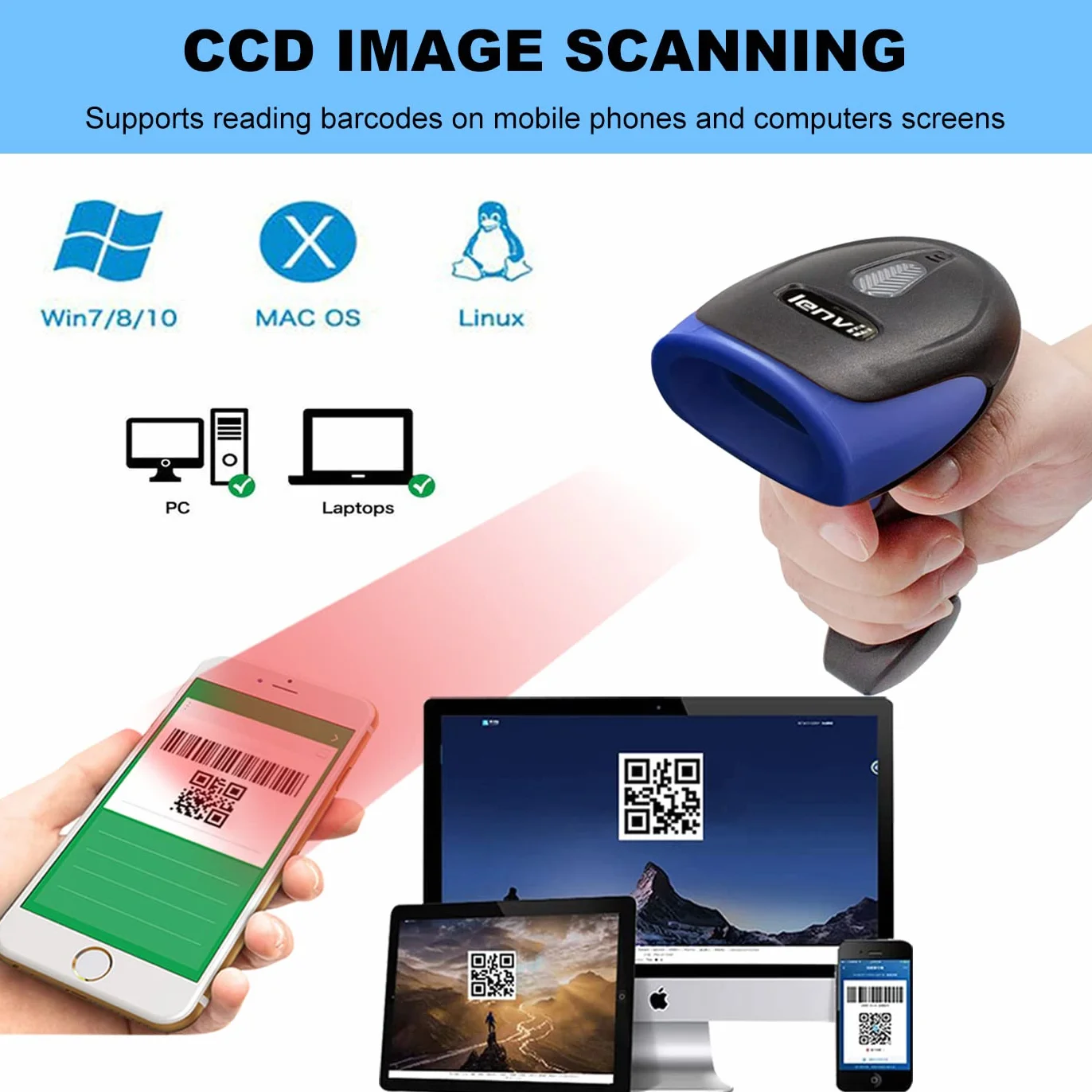 LENVII Lettore Codici a Barre 2D/1D Wireless | Scanner 2 in 1 con Doppia Connessione 2.4GHz/USB | Supporto QR, PDF417, Data Matrix Barcode Scanner | Compatibile con PC, Laptop, Mac e Sistemi POS