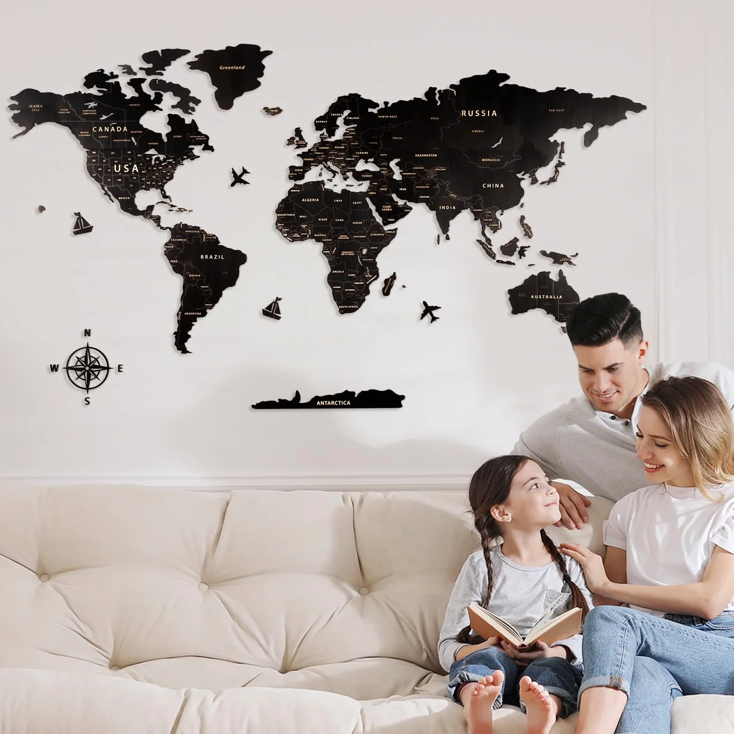 Creawoo Mappa del Mondo in Legno da Parete Decorazione, Nero Mappamondo in Legno Parete Puzzle Arte per Soggiorno, Ufficio, Camera Decorazione -200x114 CM