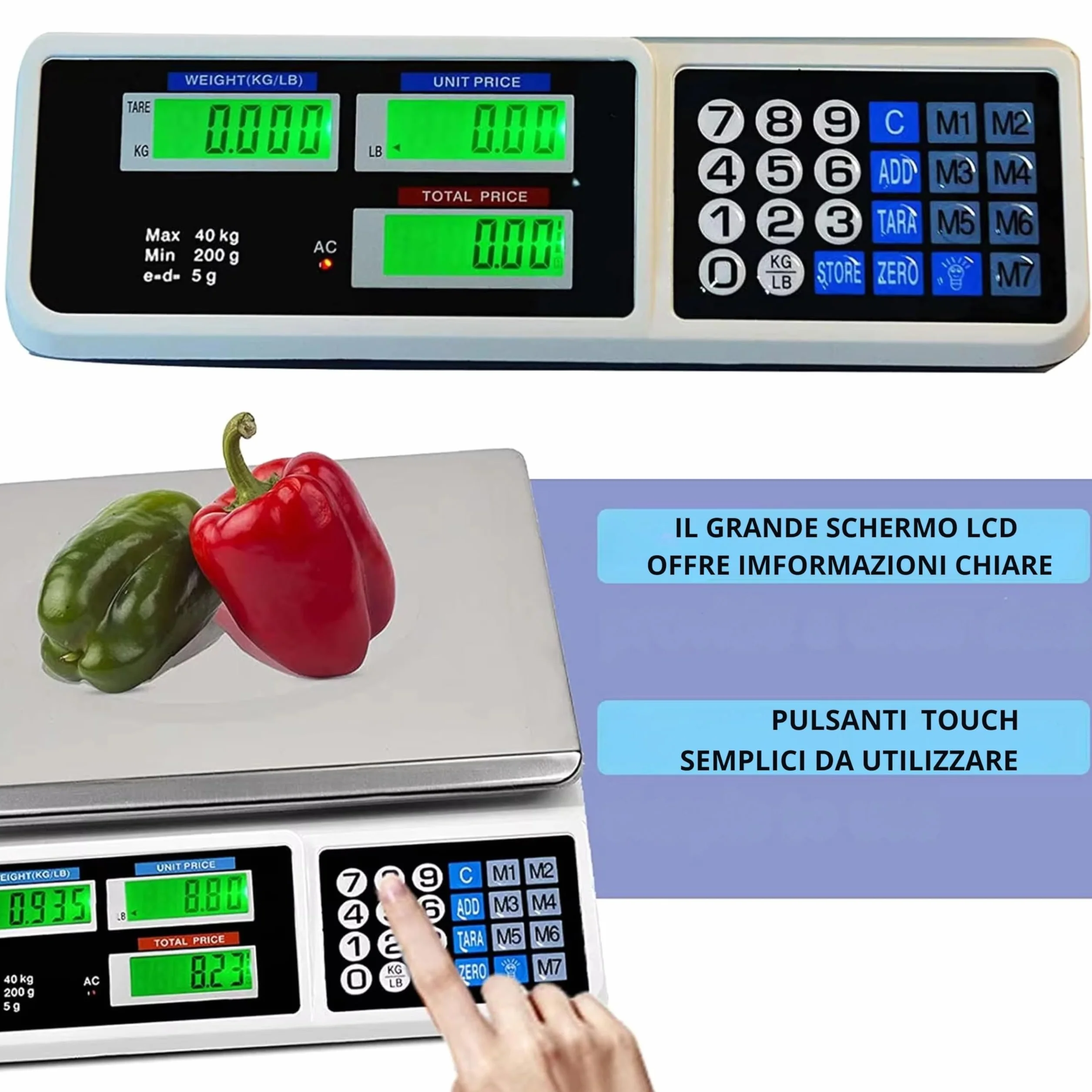 Yasta Bilancia Professionale Digitale da Banco 40kg, Alta Precisione 2g, per Alimenti e Pacchi, 7 Memorie Prezzi, 6 Display LCD Retroilluminati, Batteria Inclusa