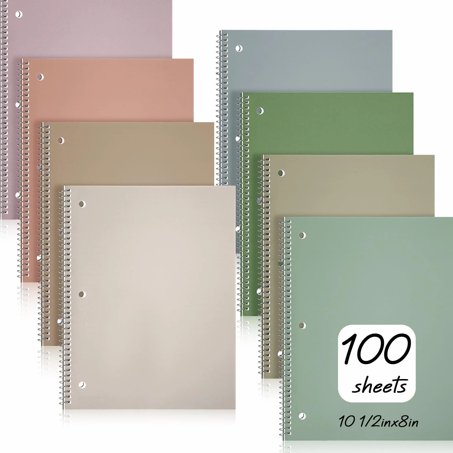 Teling 8 quaderni a spirale per 1 soggetto, per lavoro, università, a righe, 20,3 x 25,4 cm, con 3 fori, carta perforata, facile da strappare, 100 fogli per ufficio e studio (colore Morandi)