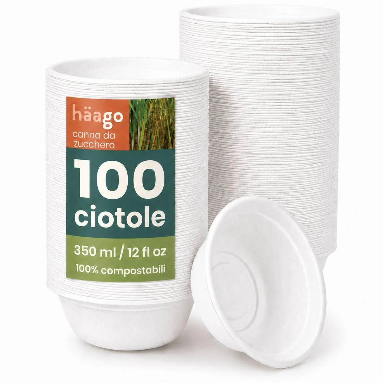 HAAGO Ciotole in Canna da Zucchero 350 ml 12 oz Compostabili Monouso Resistenti a Perdite e Grasso