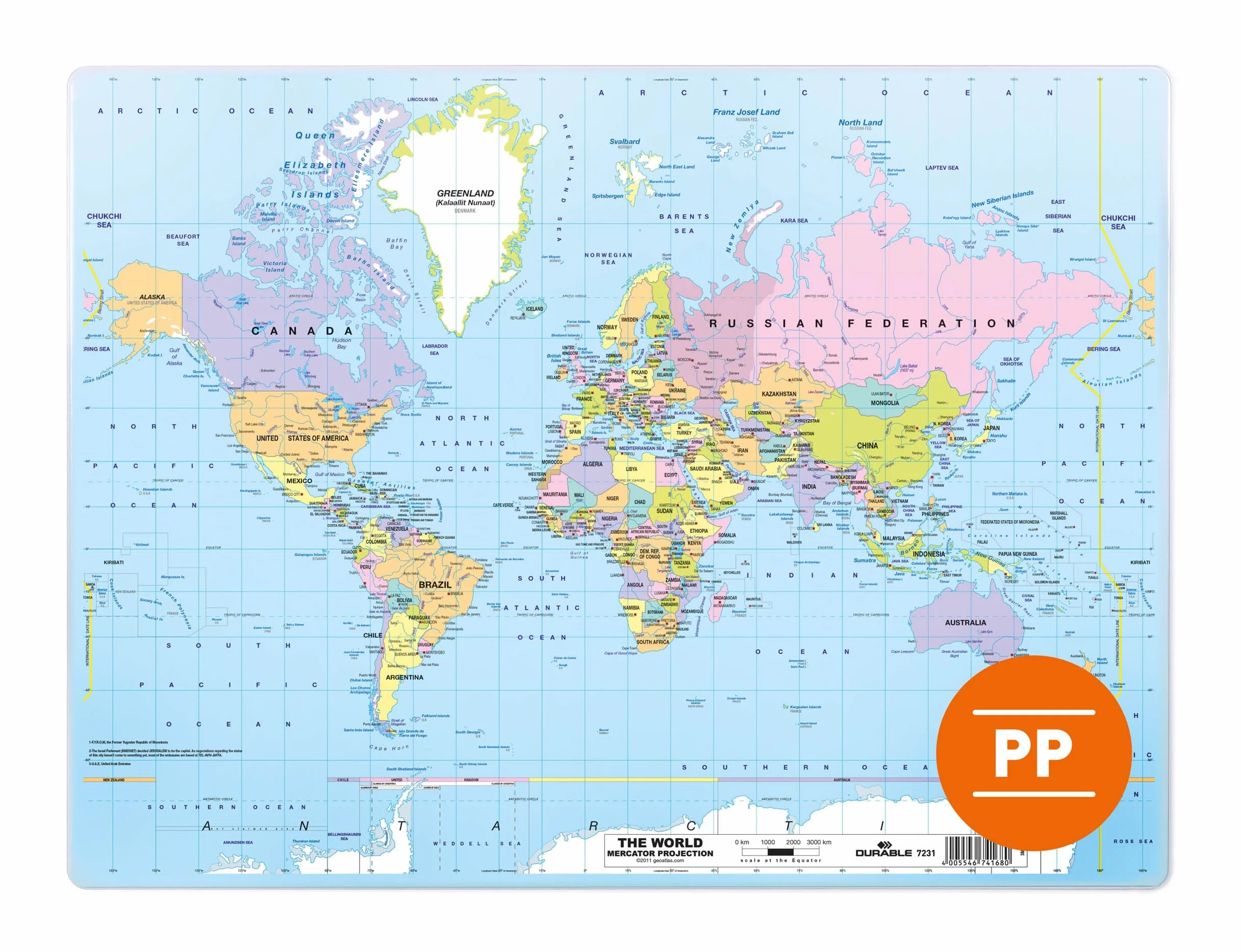 Sottomano in polipropilene (PP) con mappa mondiale 380 x 500 mm