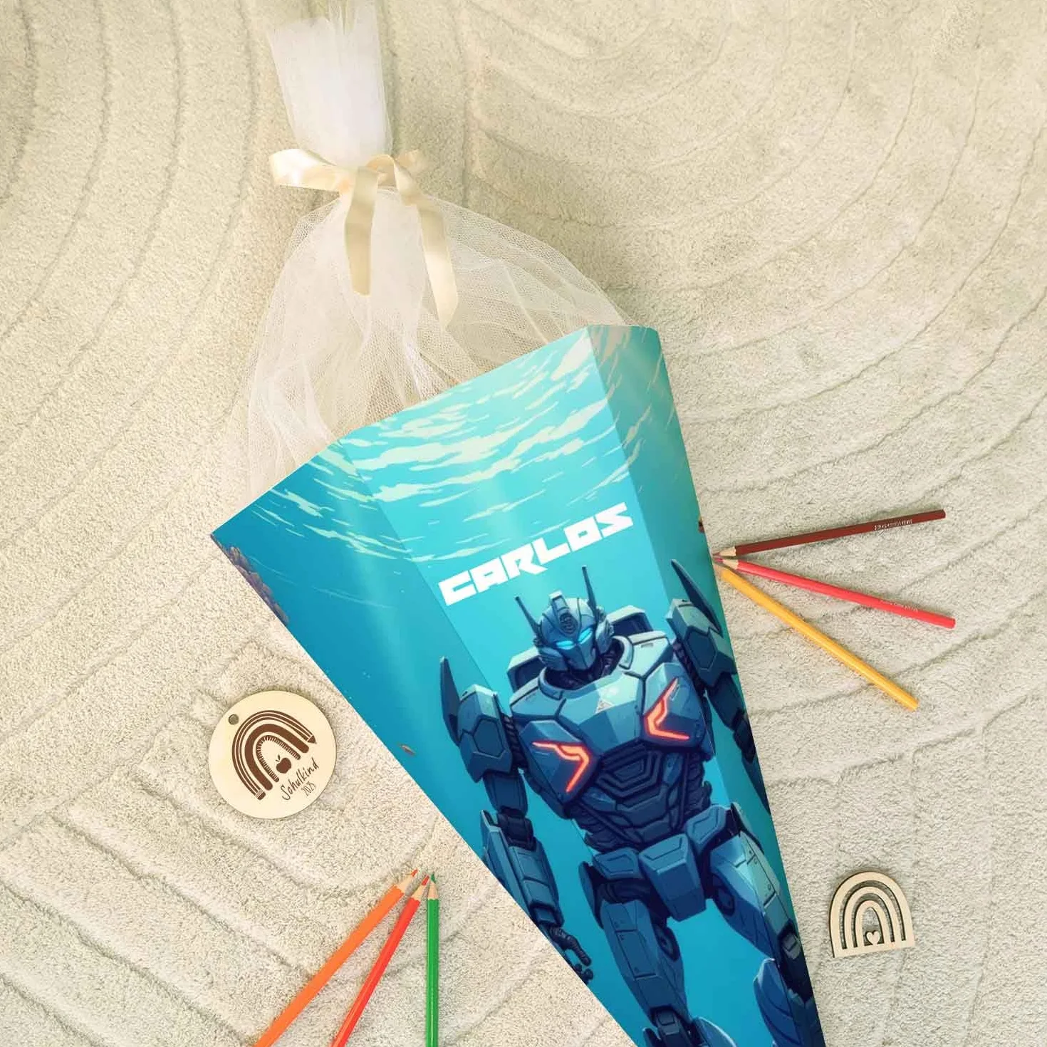 Personalizowany worek szkolny Robot 61 cm z tiulem