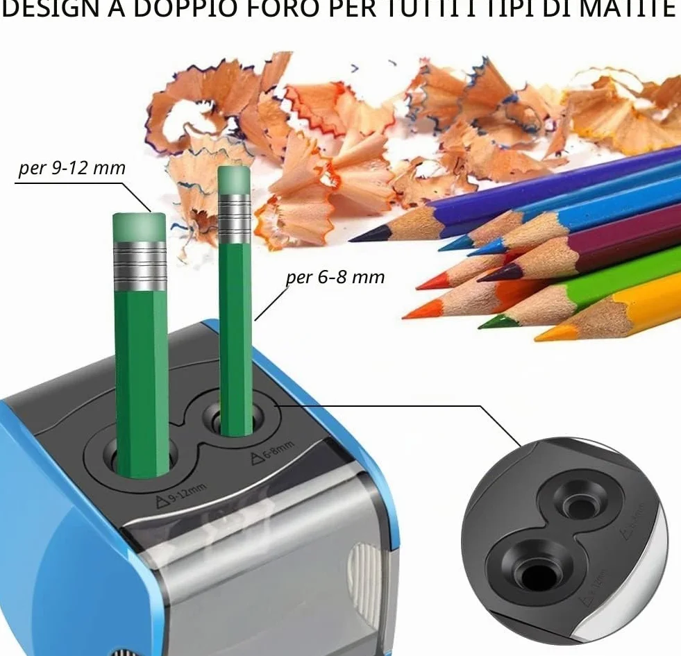 Oladwolf Temperamatite elettrico automatico con due fori, batteria Sharpener e USB, 6 lame, antiscivolo Auto Stop