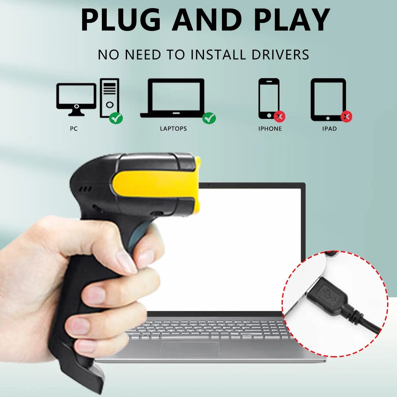 LENVII Lettore Codice a Barre 2D Cablato,Lettore Codici Barcode Scanner 1D/2D/QR Code Lettore(PDF417,Data Matrix) di scansione dello schermo di supporto（Giallo）