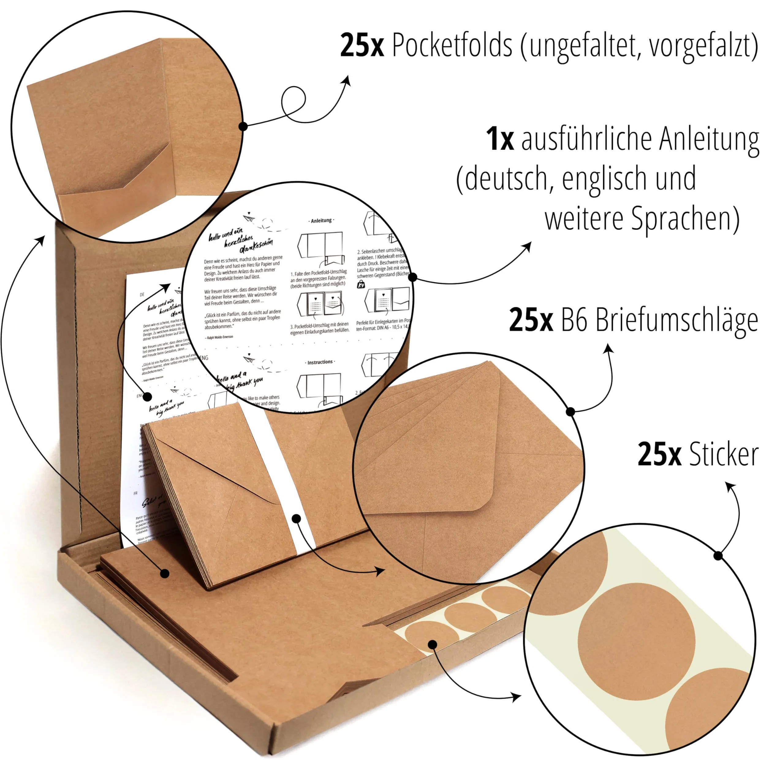 Japun Pocketfold Biglietti carta kraft vuoti tascabili con buste DIN B6 inviti nozze marrone 25 pezzi