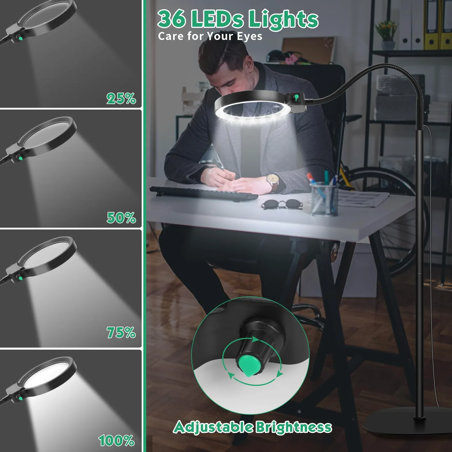 NZQXJXZ 2 in 1 Lente d'Ingrandimento con Luce e Supporto | Lampada d'Ingrandimento 5X e 10X con 36 LED a Luminosità Regolabile, Lente di Ingrandimento per Lavori Ravvicinati, Lettura