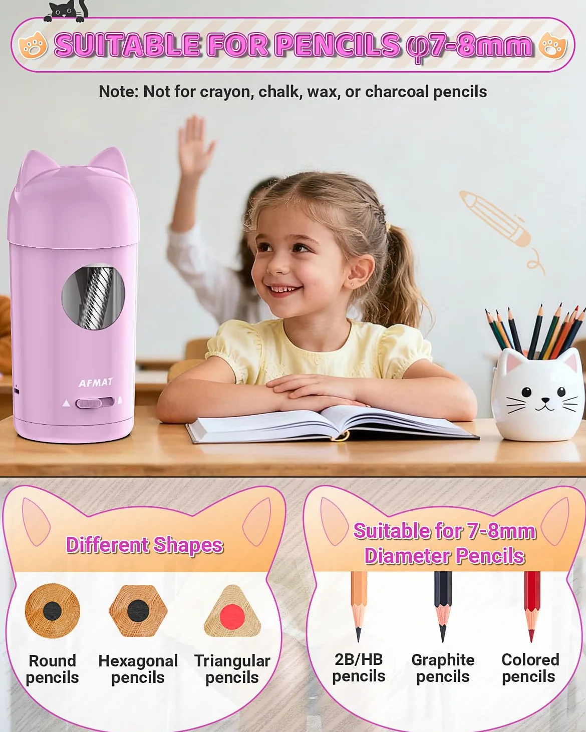 AFMAT Temperamatite elettrico, temperamatite per matite spesse e sottili (7-8 mm), autostop – temperamatite per bambini, ufficio e homeschooling, temperamatite automatico con contenitore di raccolta