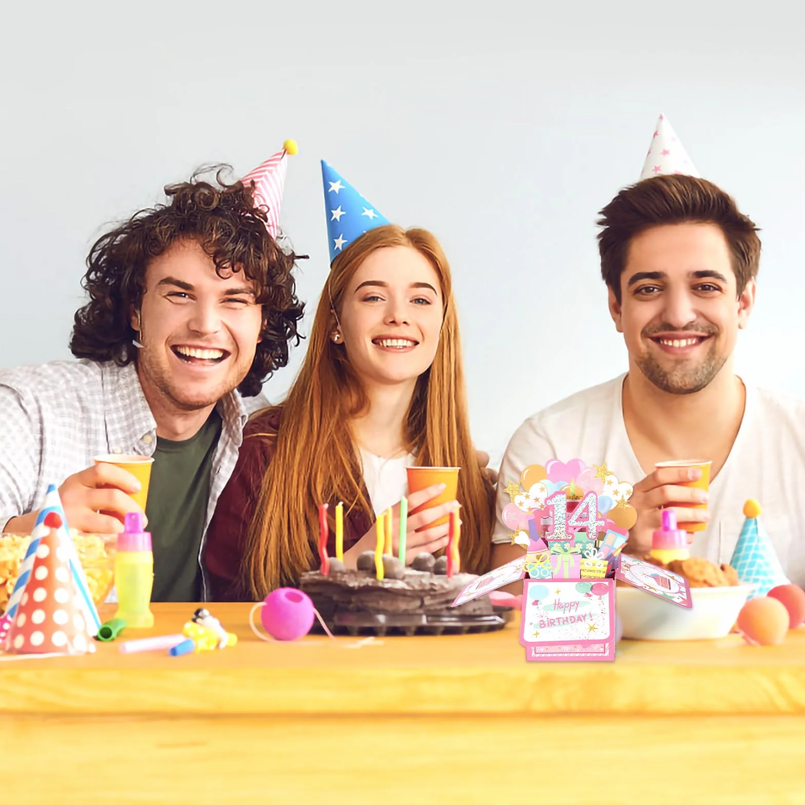 Biglietto Pop-up 3D Lucido 14th Happy Birthday con Busta, Cartolina Compleanno per Ragazza