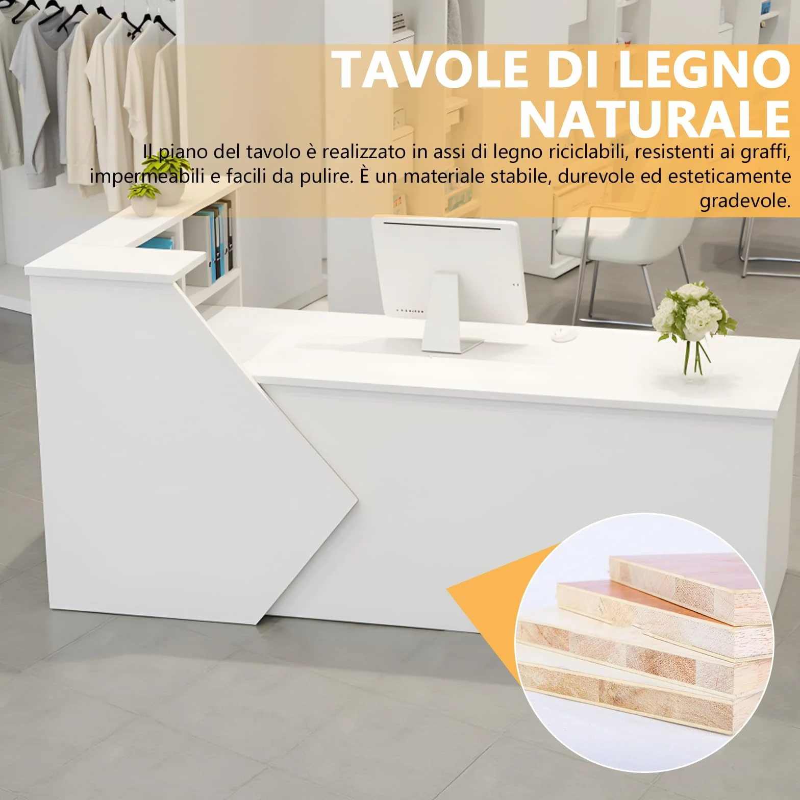 Banco Reception 80-300cm, Scrivania Reception Moderna con Scaffali, Banco per Negozio, Ufficio, Salone di Bellezza e Bar