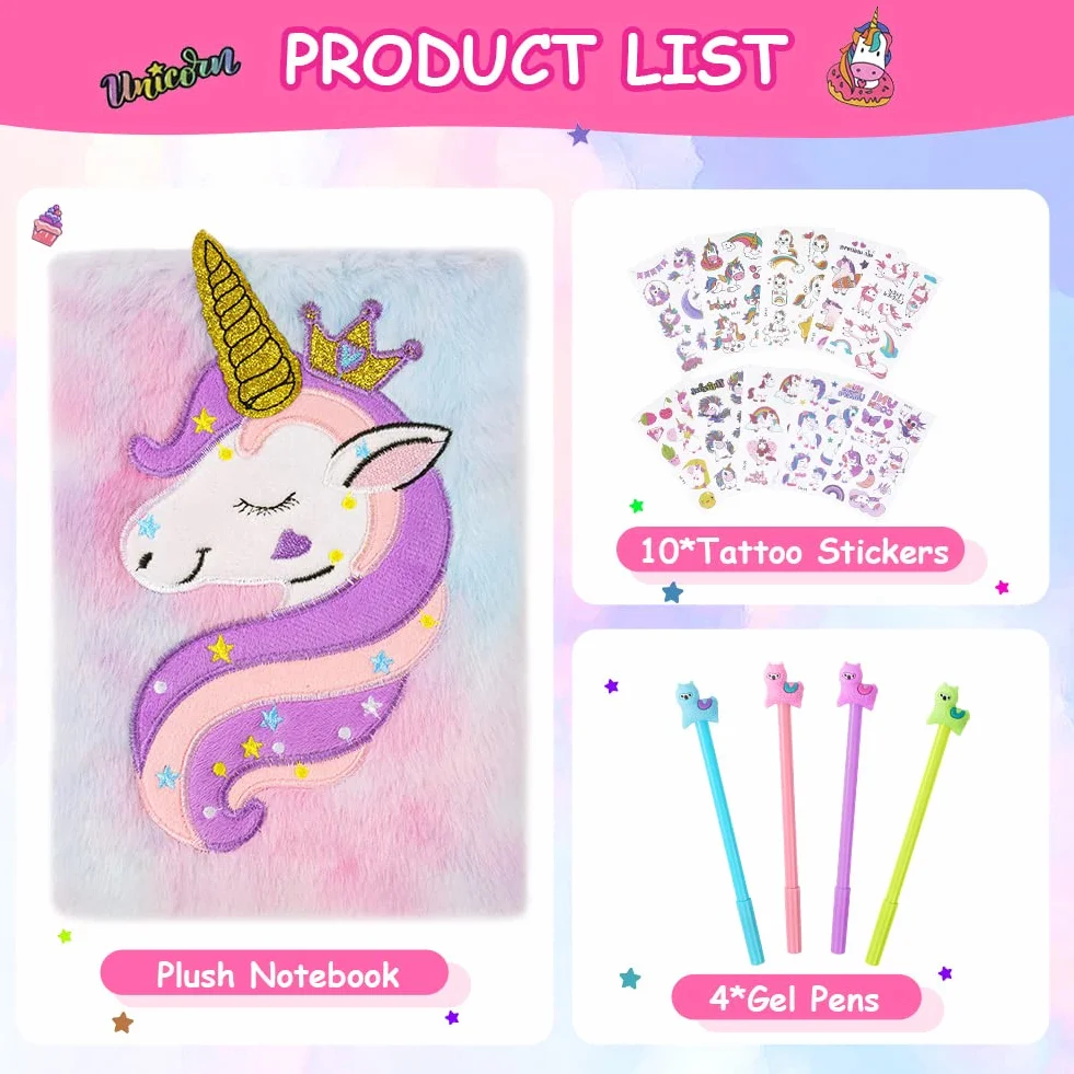 OFFCUP Quaderno Peluche Unicorno Diario Segreto Set Cancelleria Bambina Regalo 4 Penne Gel 10 Adesivi